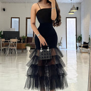 Women's Elegant Black Bodycon Party Dress with Sheer Mesh Layers, Thin Straps & Ruched Detailing - Machine Washable Formal Evening Gown, Event Ready | Sophisticated Tailoring, Evening Party Dress