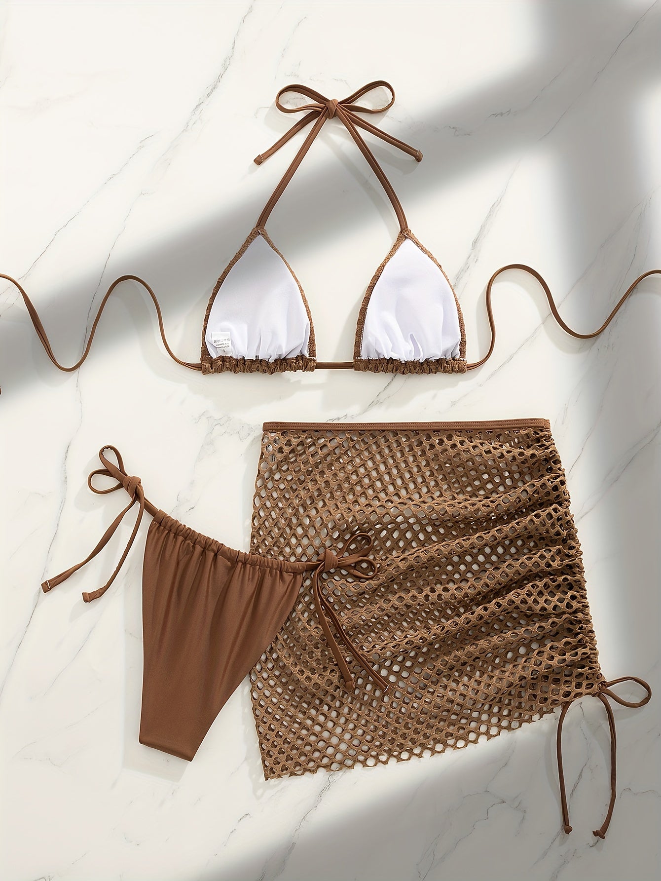 3 Piece Set Swimsuits - Hollow Out Plain Khaki Triangle Halter Tie Strap Bikini Drawstring Wrap Skirt - Women's Swimwear & Clothing - For Summer Beach Vacations - Perfect Gift for Women