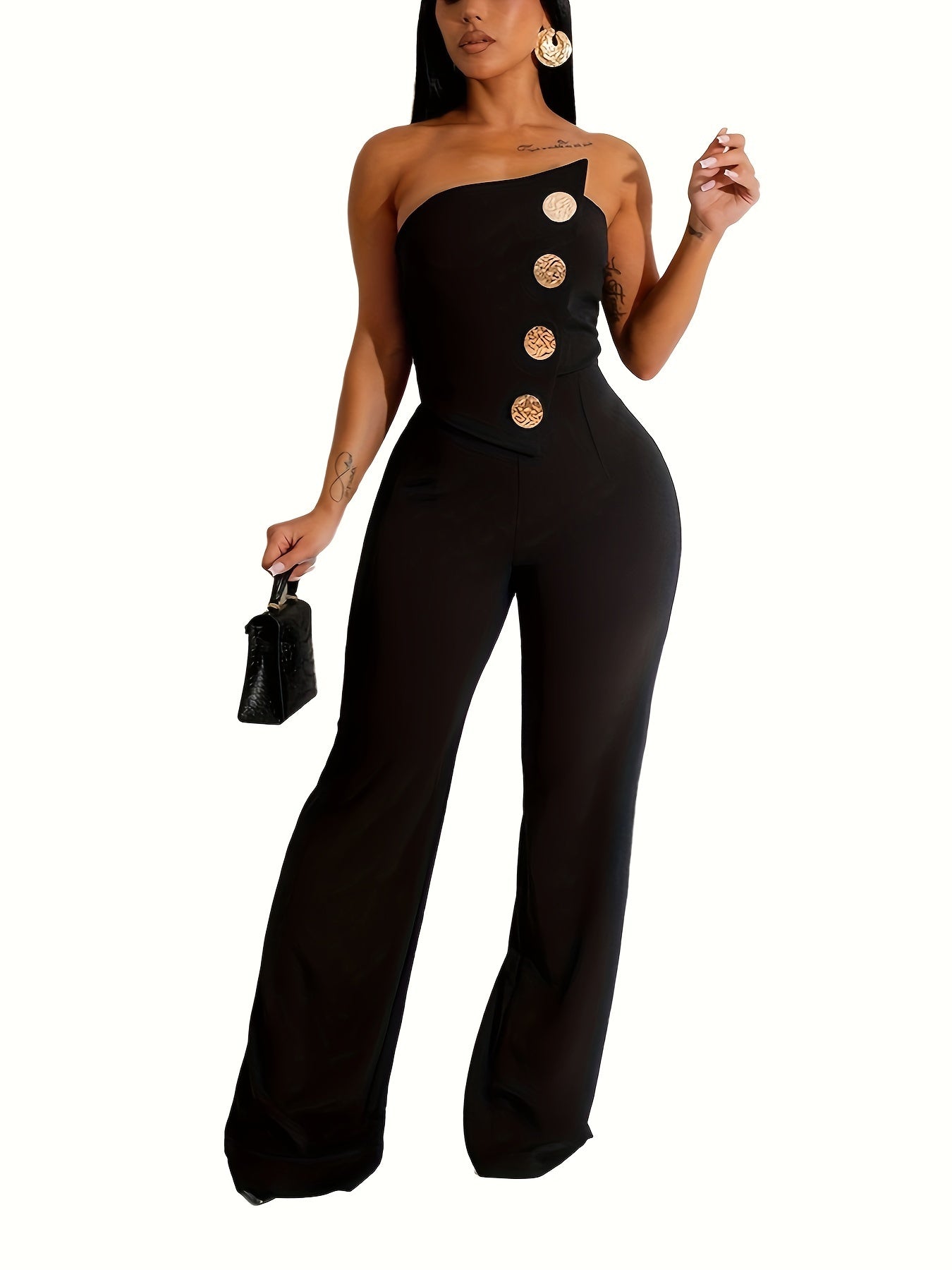 Elegant Women's Sleeveless Button Jumpsuit - Chic One-Shoulder Design, Flared Leg Pants, Polyester Blend, Machine Washable, Perfect for Spring/Summer