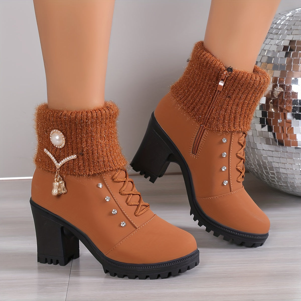 Women's Block Heeled Ankle Boots - Faux Pearl Decor Knit Stitching Booties - Fashion Winter Zipper High Heeled Boots - For Women - Suitable for Parties & Casual Wear - Perfect Gift for Fashionistas