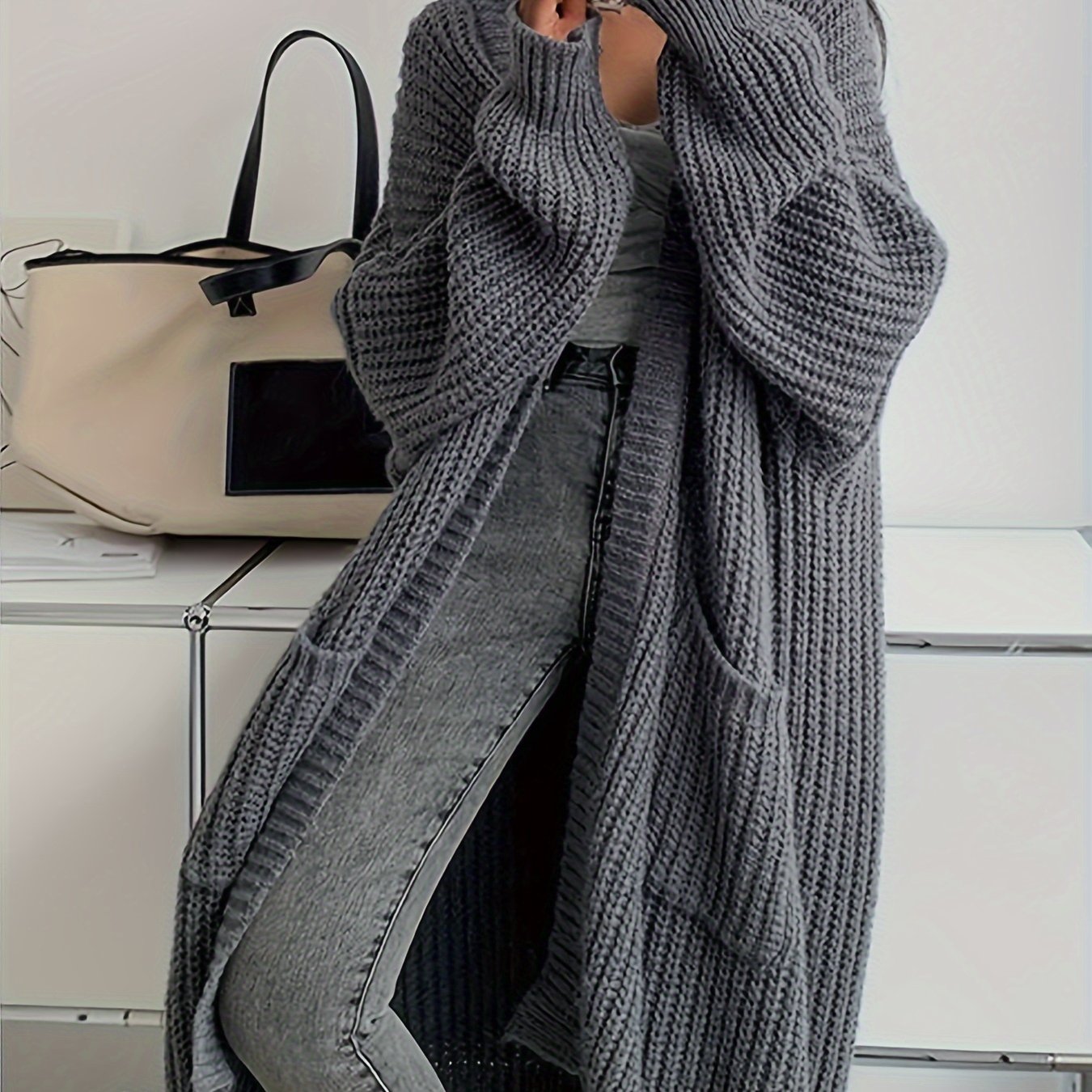 Cardigan sweater - Patched Pockets Open Front Cardigan - Solid, Long Sleeve, Knitted - Fall & Winter - Women - Cozy & Stylish - Cozy Comfort, Effortless Style