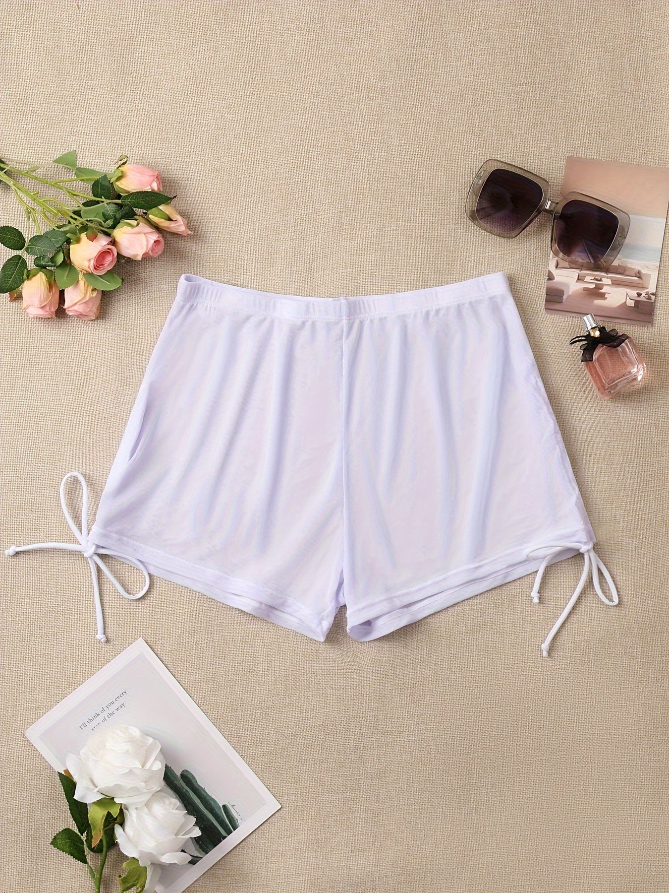 Solid Color Mesh Sexy Swim Shorts, Semi Sheer Side Tie Ruched Bikini Bottoms - Polyester - For Women - Perfect for Beach & Pool - Ideal Gift for Summer