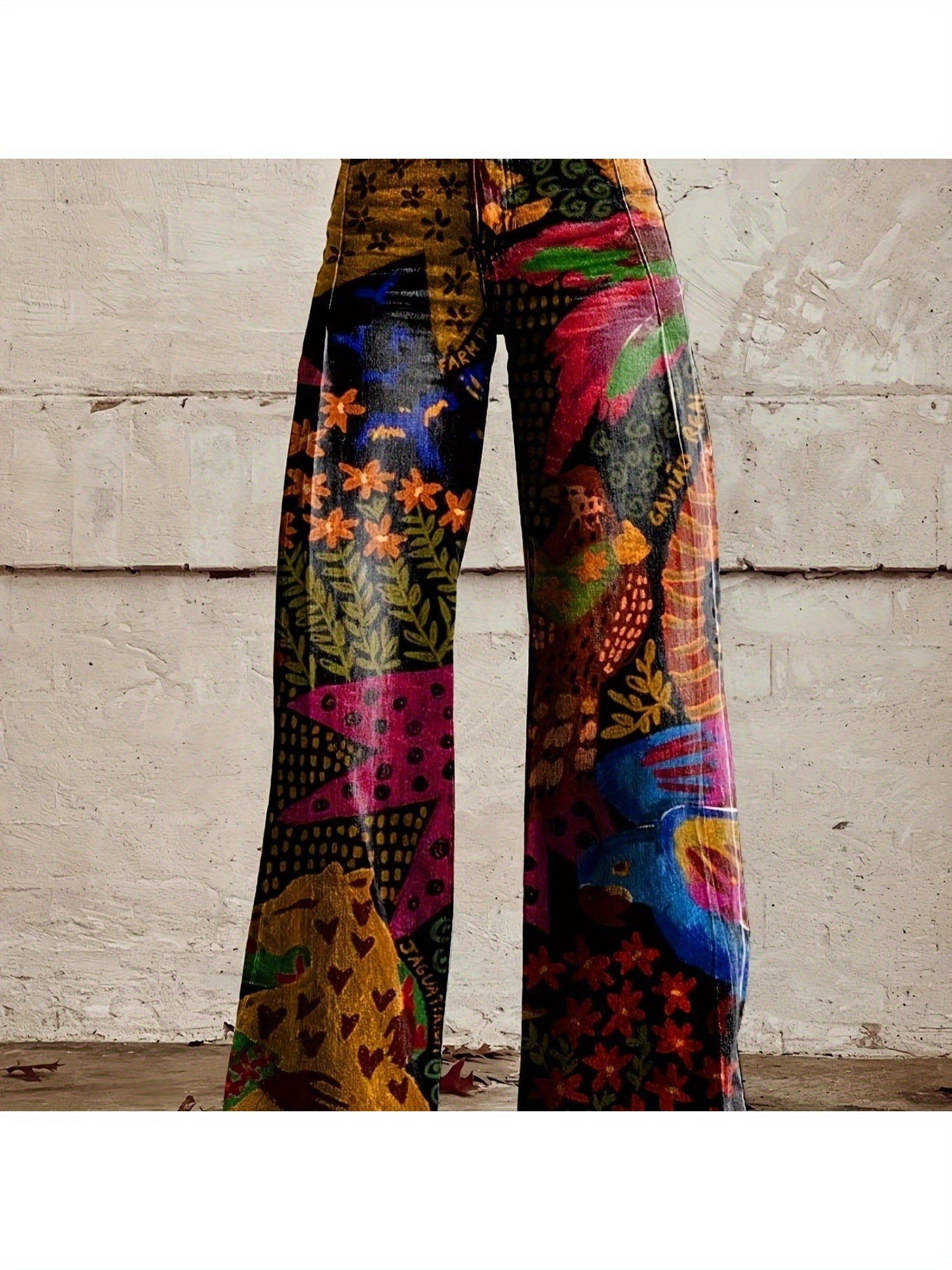 Women'S Rainforest Plants and Flowers Nature Print Thin Casual Denim Wide Legs 3D Fashion Flared Pants, Women'S Autumn Winter Pants