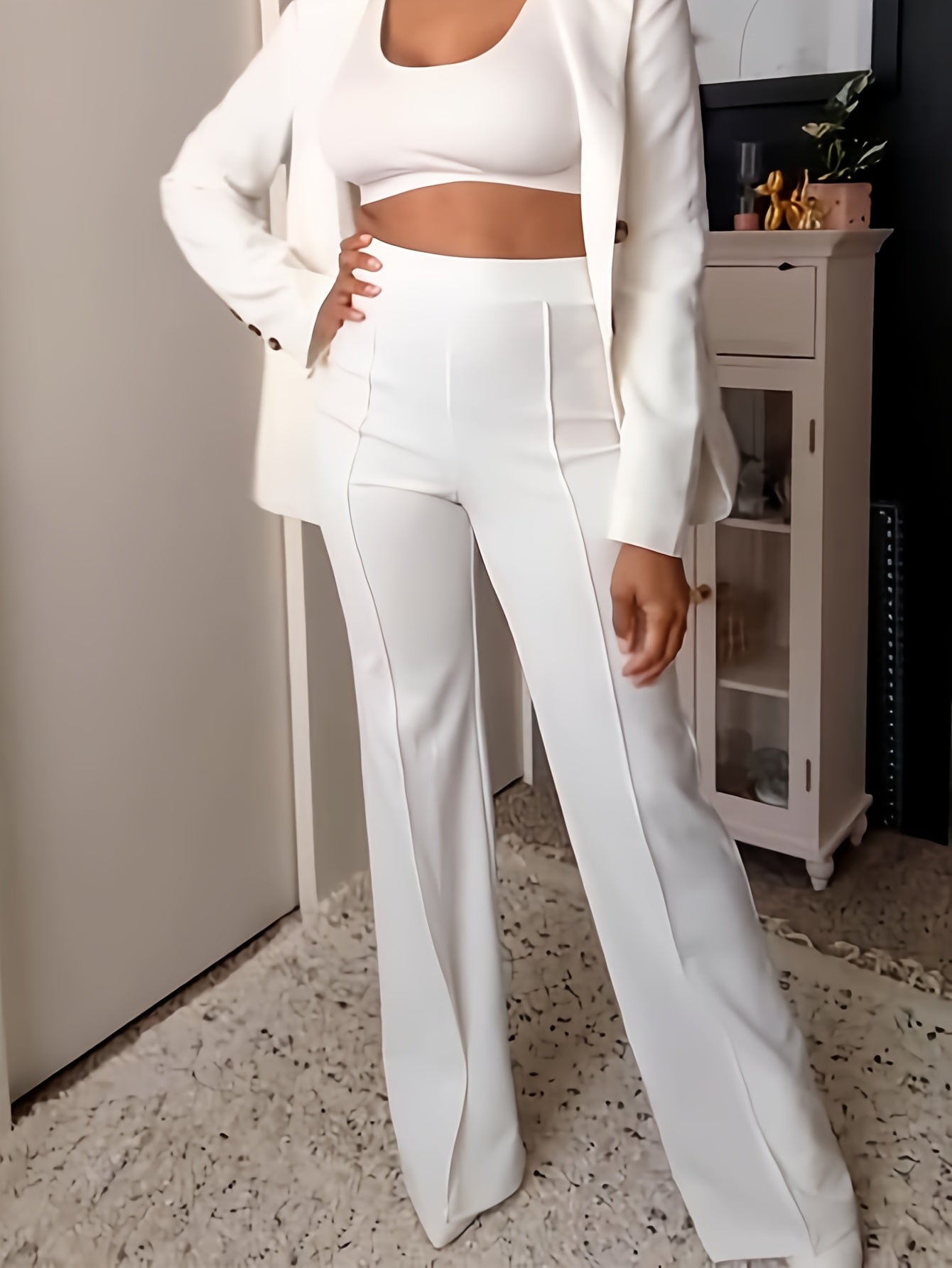 Women's Elegant High-Waisted Flare Pants - Stretchy Straight Leg, Solid White, Casual to Office Wear, Machine Washable, Spring/Summer Collection, Cute Pants