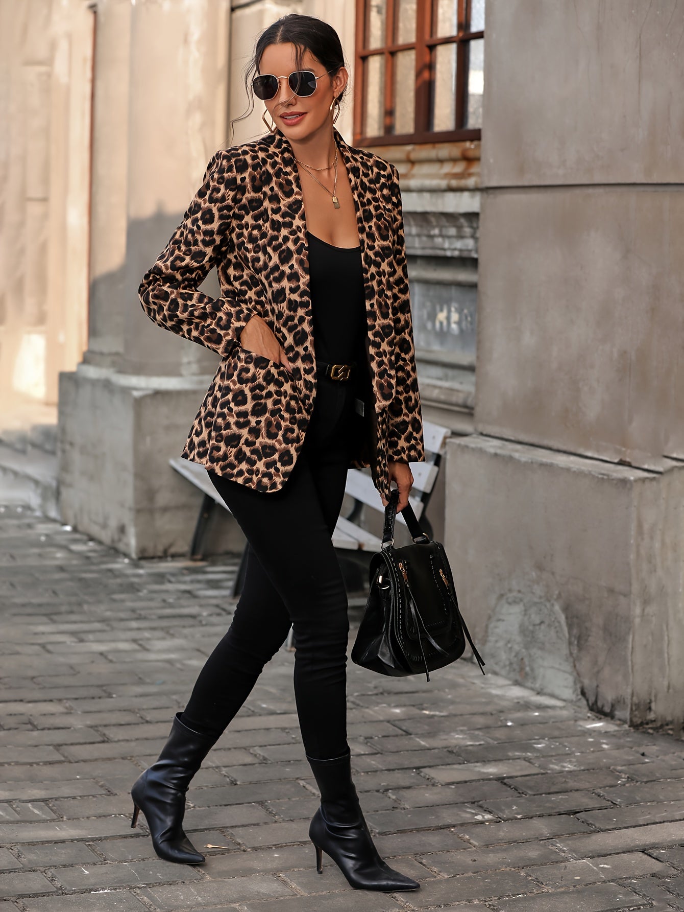 Leopard Print Open Front Blazer, Elegant Lapel Neck Long Sleeve Blazer For Office & Work - Women's Clothing - Stylish & Professional - Suitable for Business Meetings & Formal Events - Perfect Gift for Women