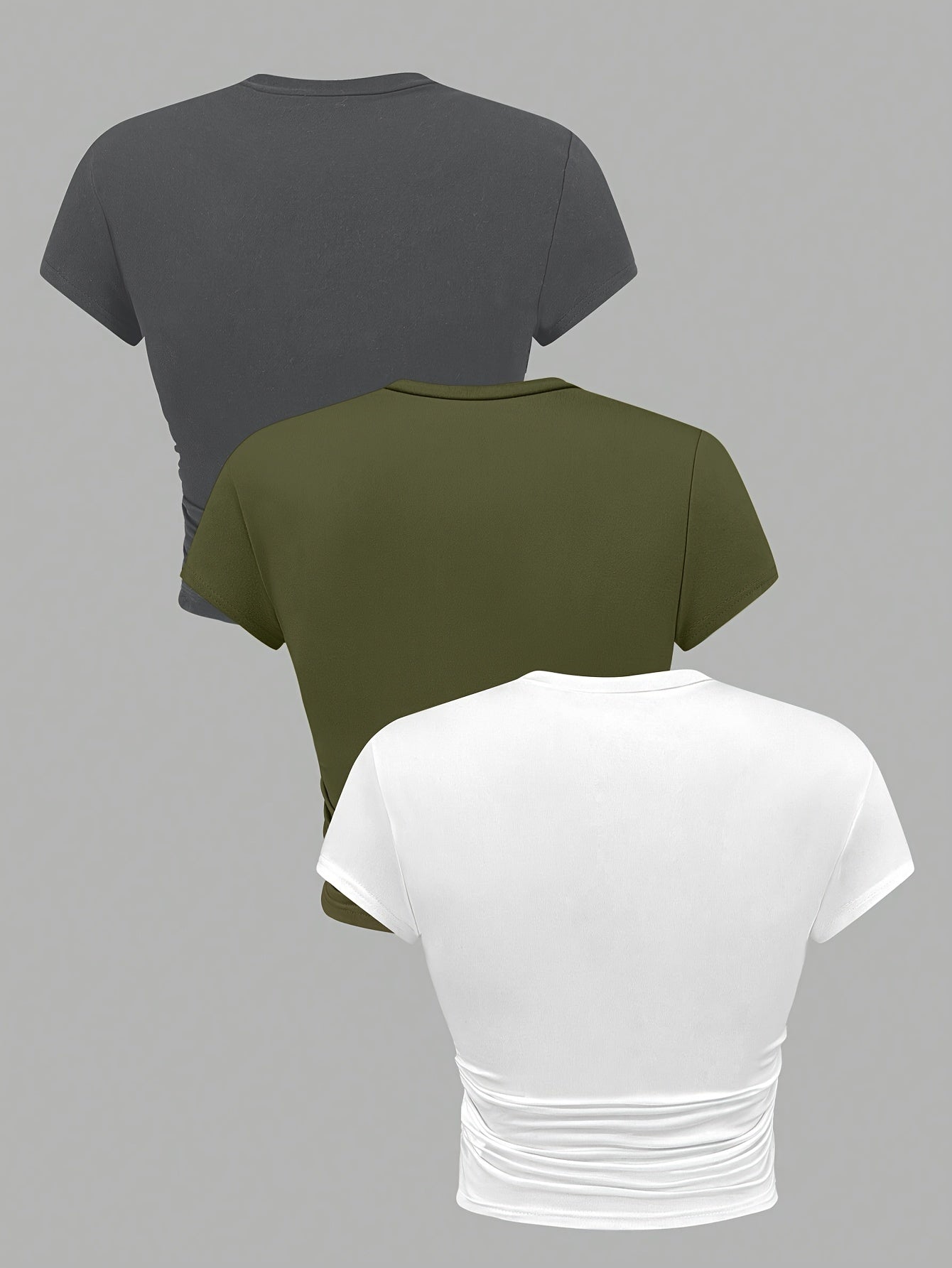 Solid Side Ruched T-shirt 3 Pack, Casual Crew Neck Short Sleeve T-shirt For Spring & Summer, Women's Clothing