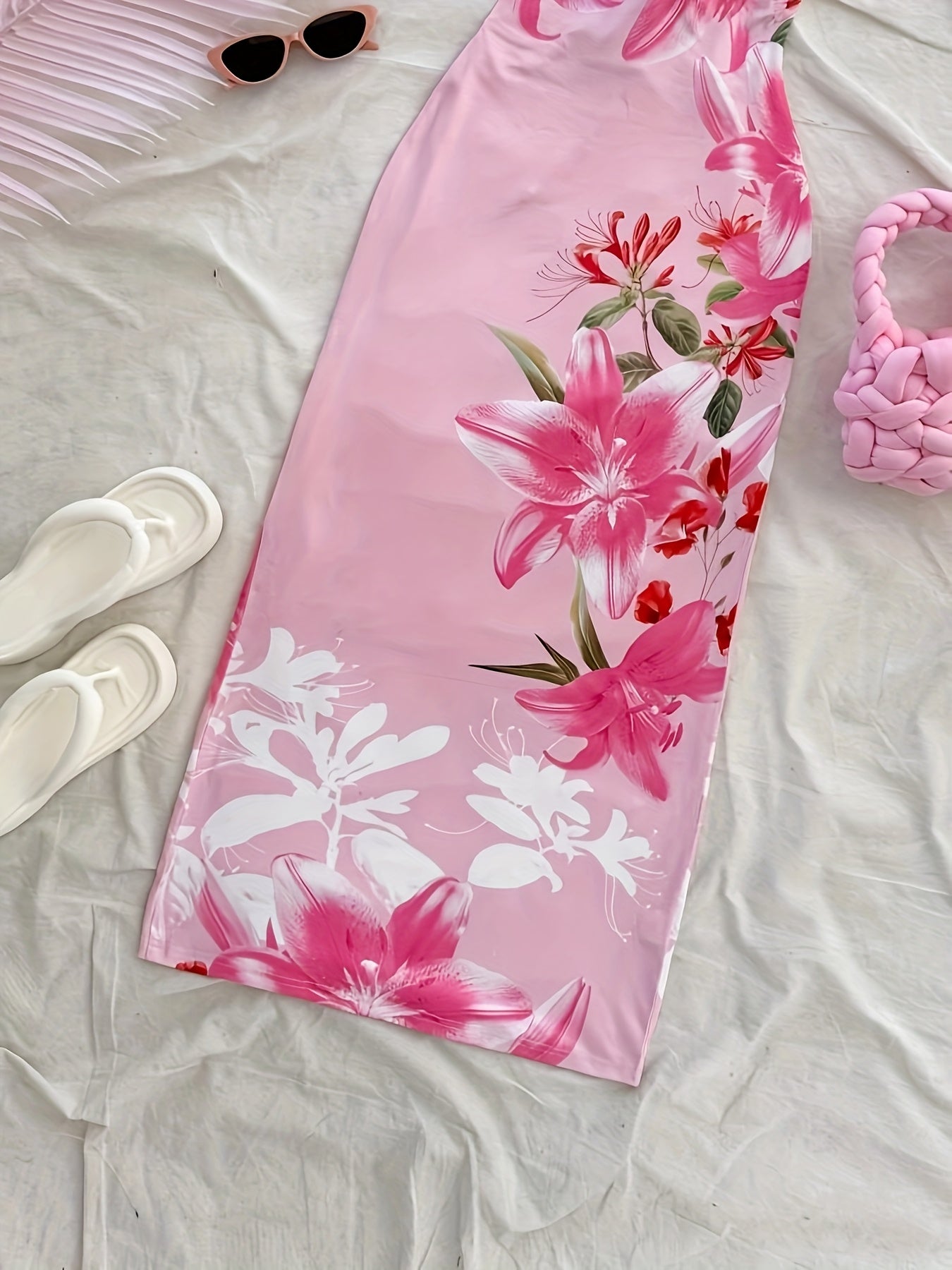 Women's Elegant Floral Print Backless Bodycon Midi Dress - Pink Vacation Style with Strappy Design, Perfect for Summer Getaways, Summer Vacation Dress | Floral Midi Dress | Sophisticated Style, Cute Summer Dresses
