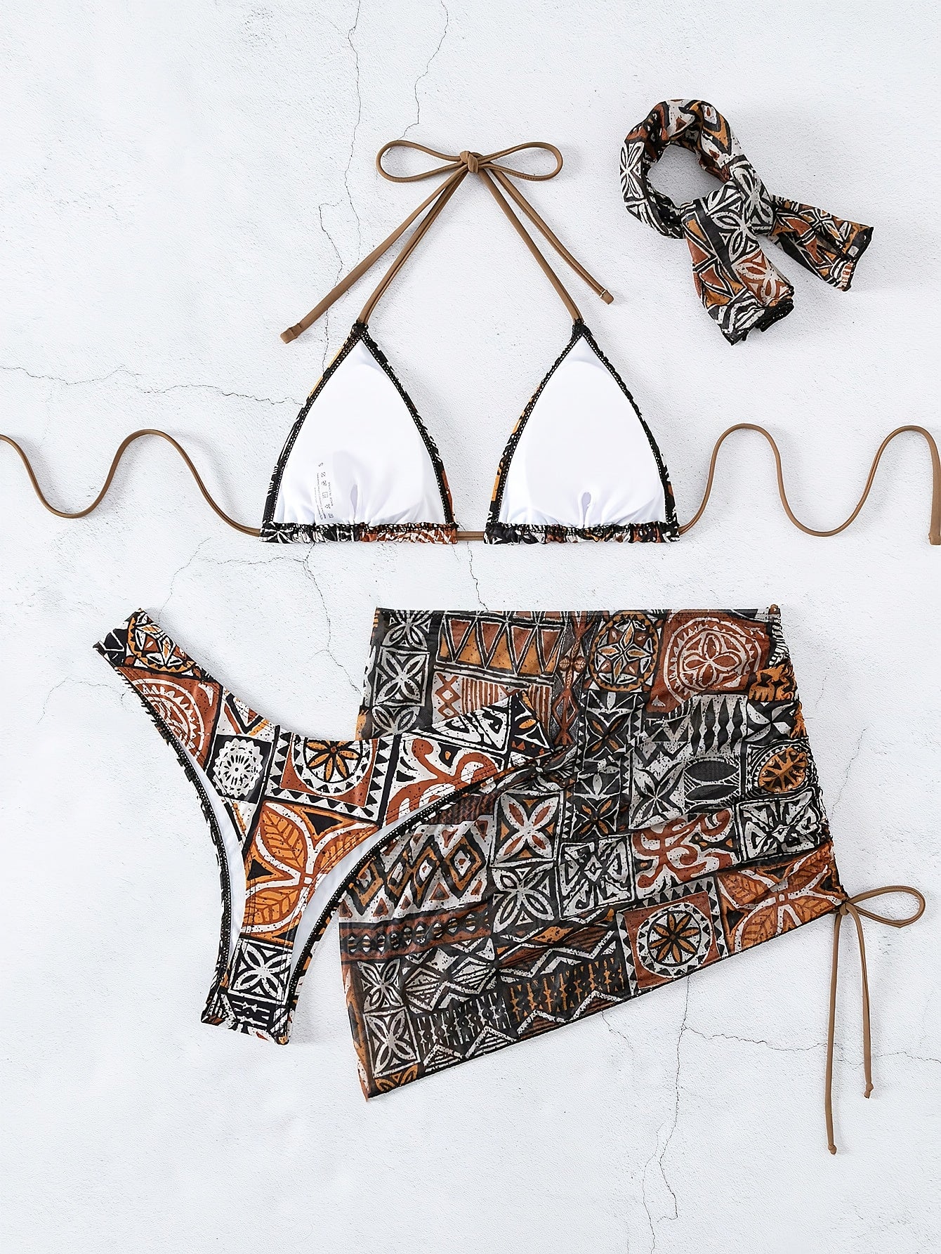 Women'S 2024 New Geometric Pattern Bikini Set with Headscarf, Polyester High Elasticity, Halter Neck, Sleeveless, Tie Detail, Swimwear Outfit for Ladies