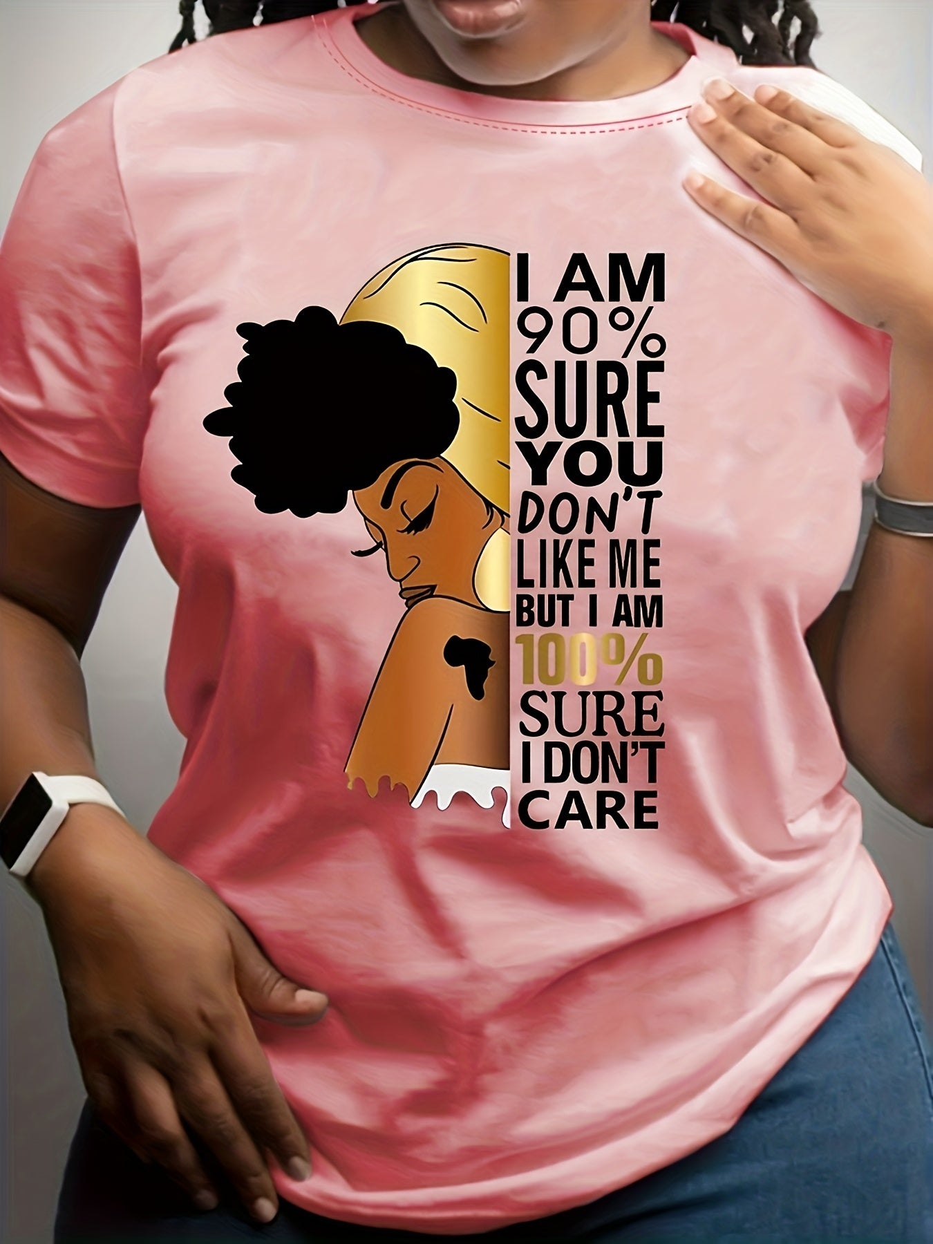 Women's Purple "I Don't Care" Empowerment Print T-Shirt - 100% Positive Affirmation Short Sleeve Top with Golden Accents, Round Neck Casual Summer Shirt, Machine Washable & Semi-Sheer for Layering, Everyday Fashion, Fashion S