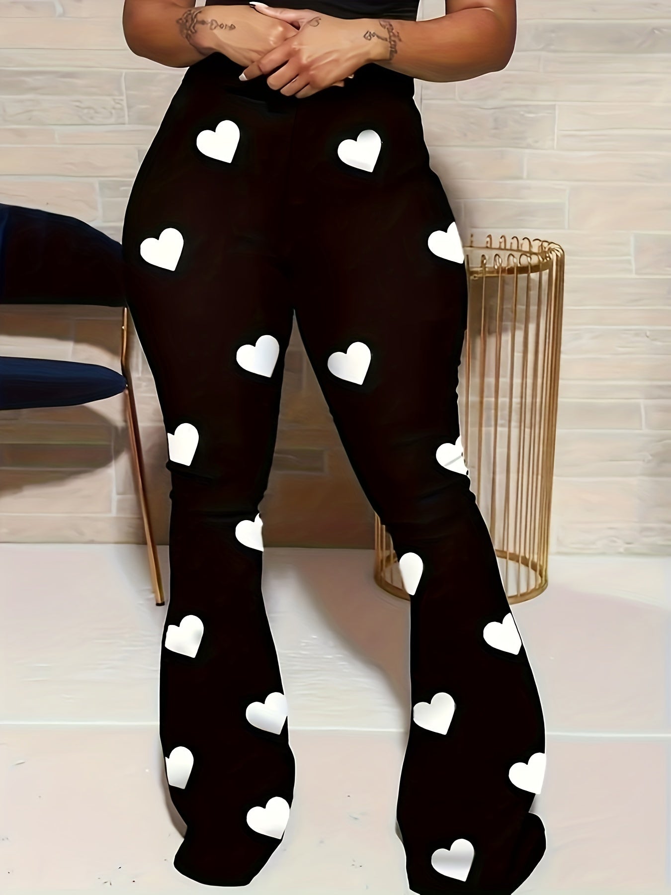 Stylish Heart Print Flare Leg Pants - High Waist, Casual, Versatile, Comfortable, and Chic Womens Clothing for Spring and Summer - Perfect for Daily Wear, Outdoor Activities, and Travel