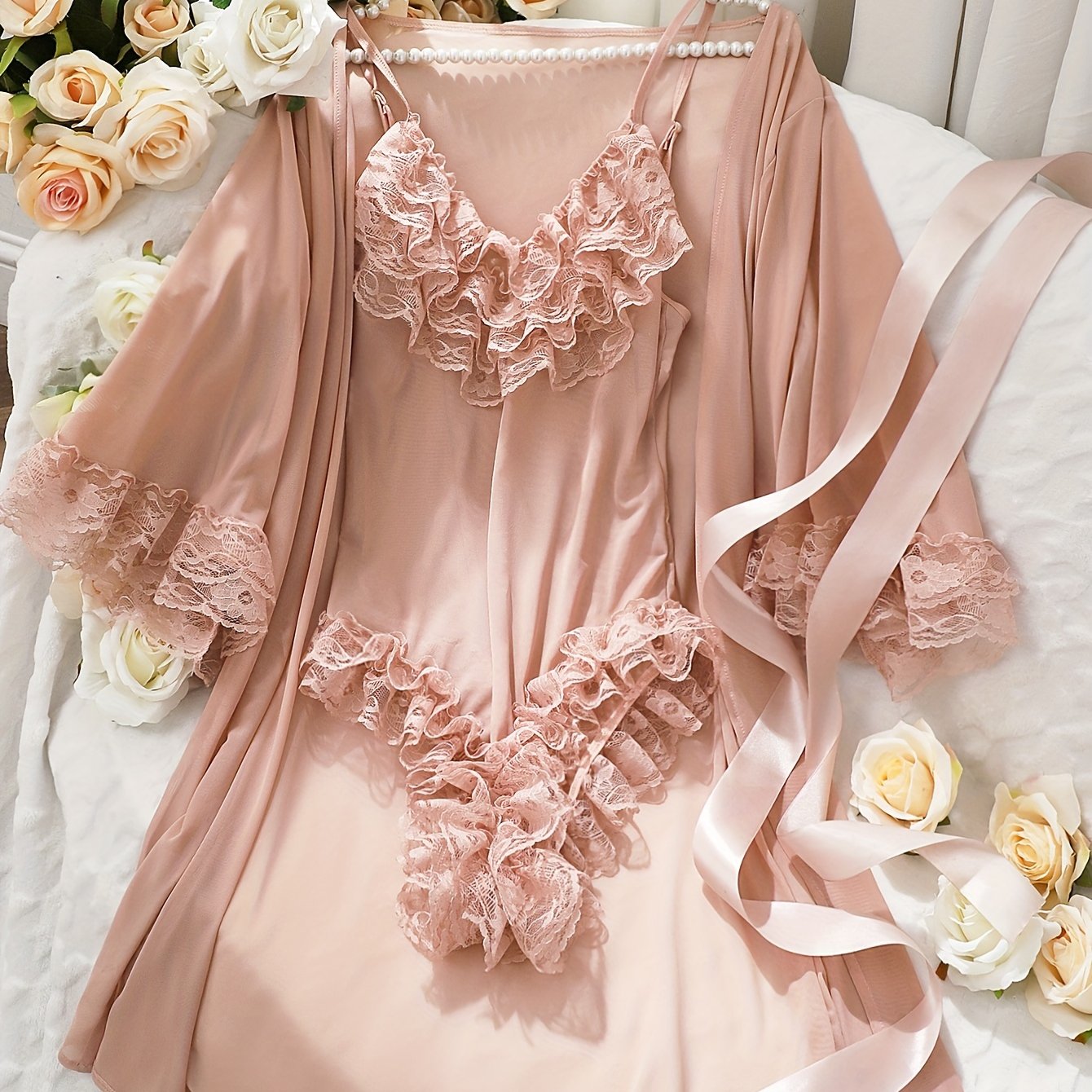 Solid Contrast Lace Lingerie Set, V Neck Bodysuit & Robe, Women's Sexy Lingerie & Underwear