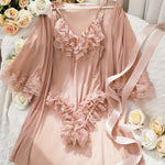 Solid Contrast Lace Lingerie Set, V Neck Bodysuit & Robe, Women's Sexy Lingerie & Underwear