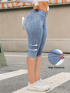 Women'S Casual High Elasticity 7-Inch Denim Shorts - Skinny Fit, Zipper Fly, Button Closure, Light Blue, Spring/Summer Fashion, Casual Wear|Skinny Fit Jeans|Zipper Fly Jeans