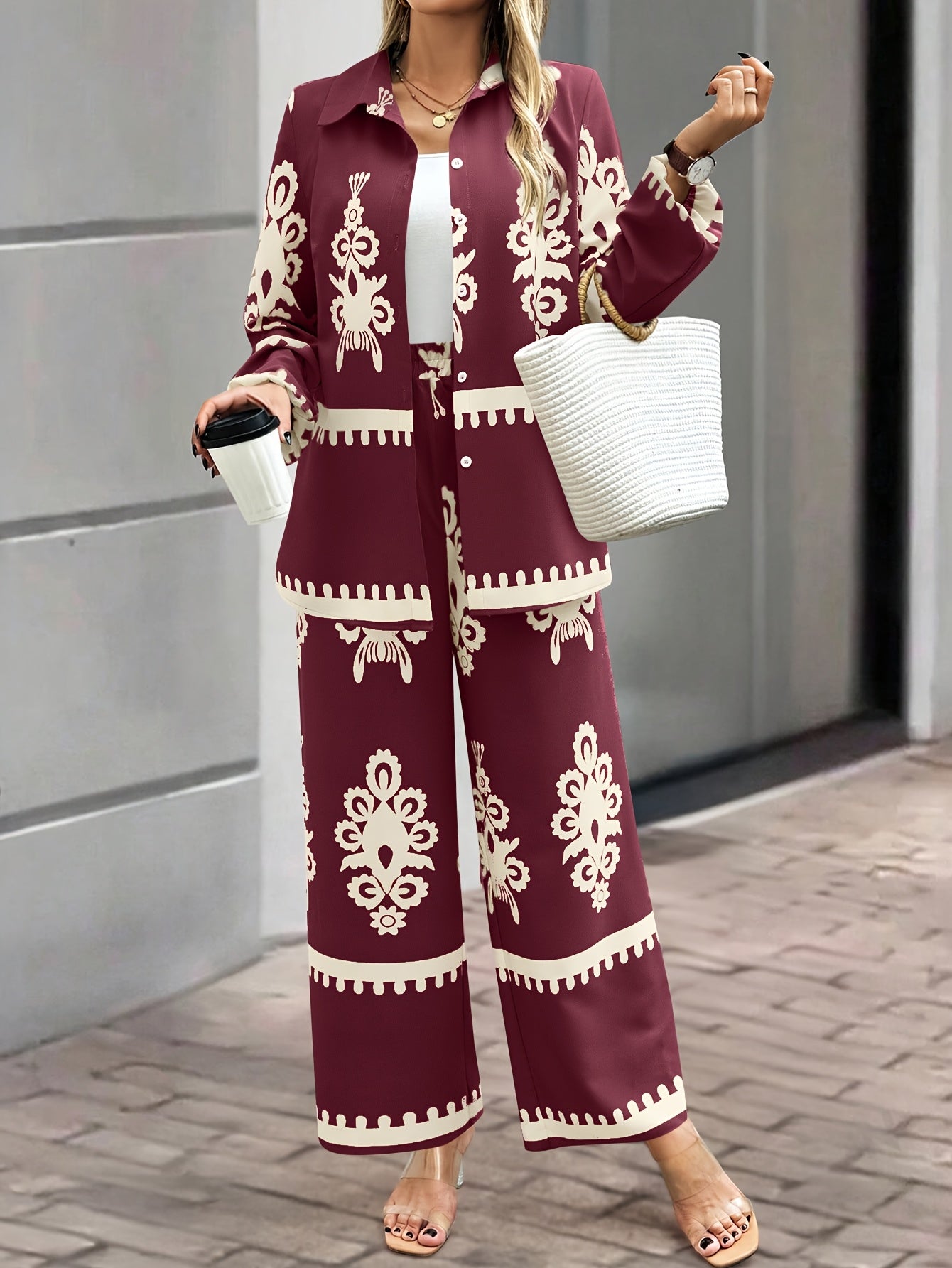 2pcs Elegant Special Set for Women with Random Print Front Button Long Sleeve Top and Pants Casual Suit