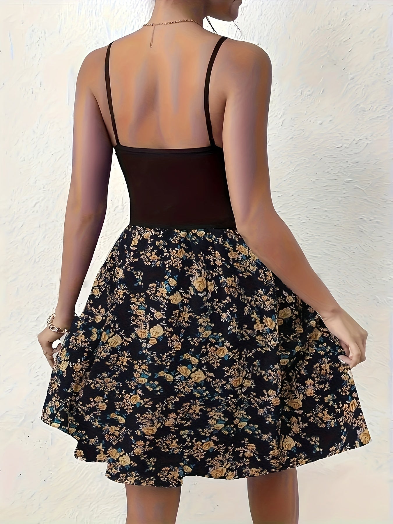Small Floral Print Spliced Dress with Halter Neck