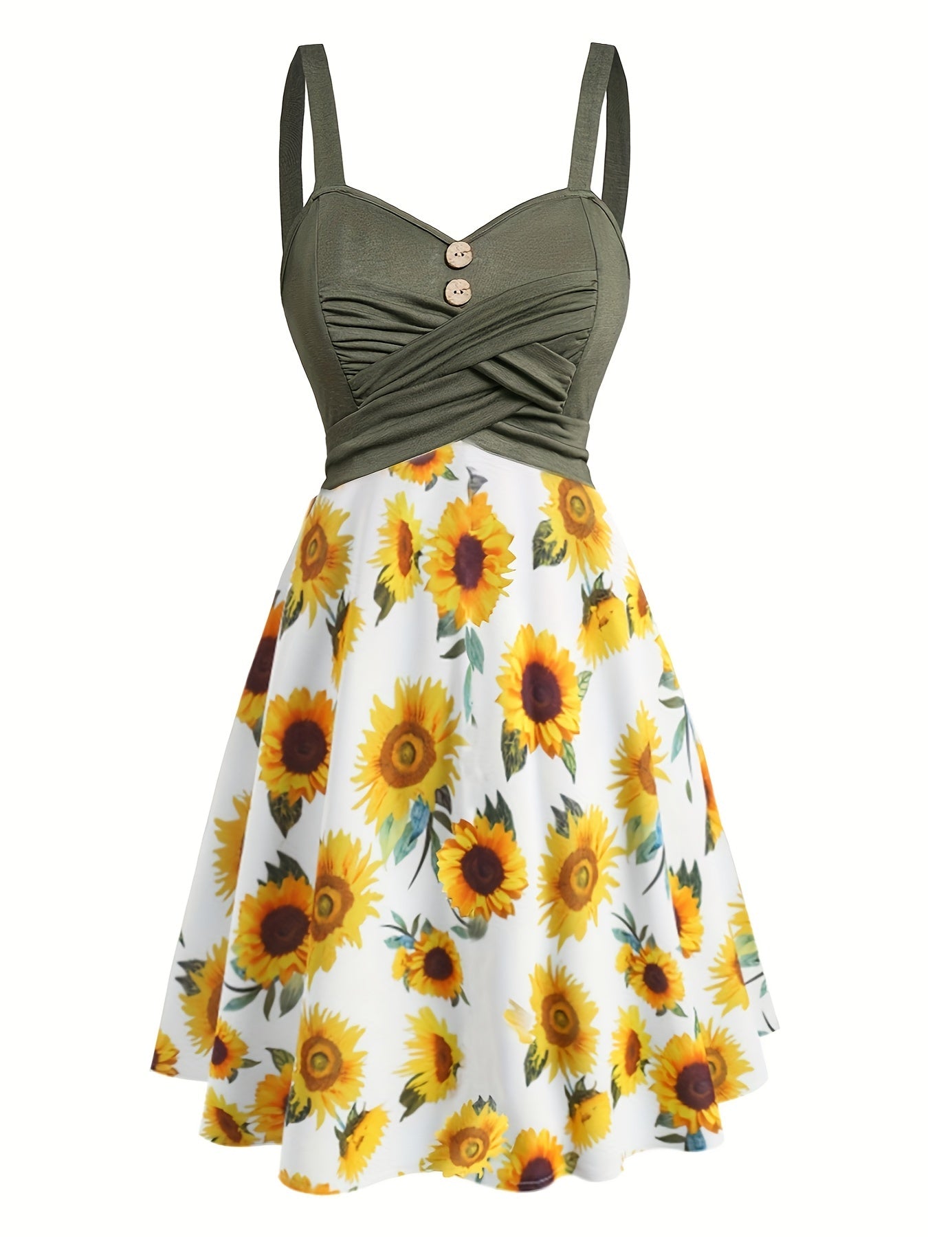 Charming Sunflower Print Patchwork Tank Dress - Vintage Button Crisscross Front - Effortlessly Stylish Sleeveless Womens Casual Wear