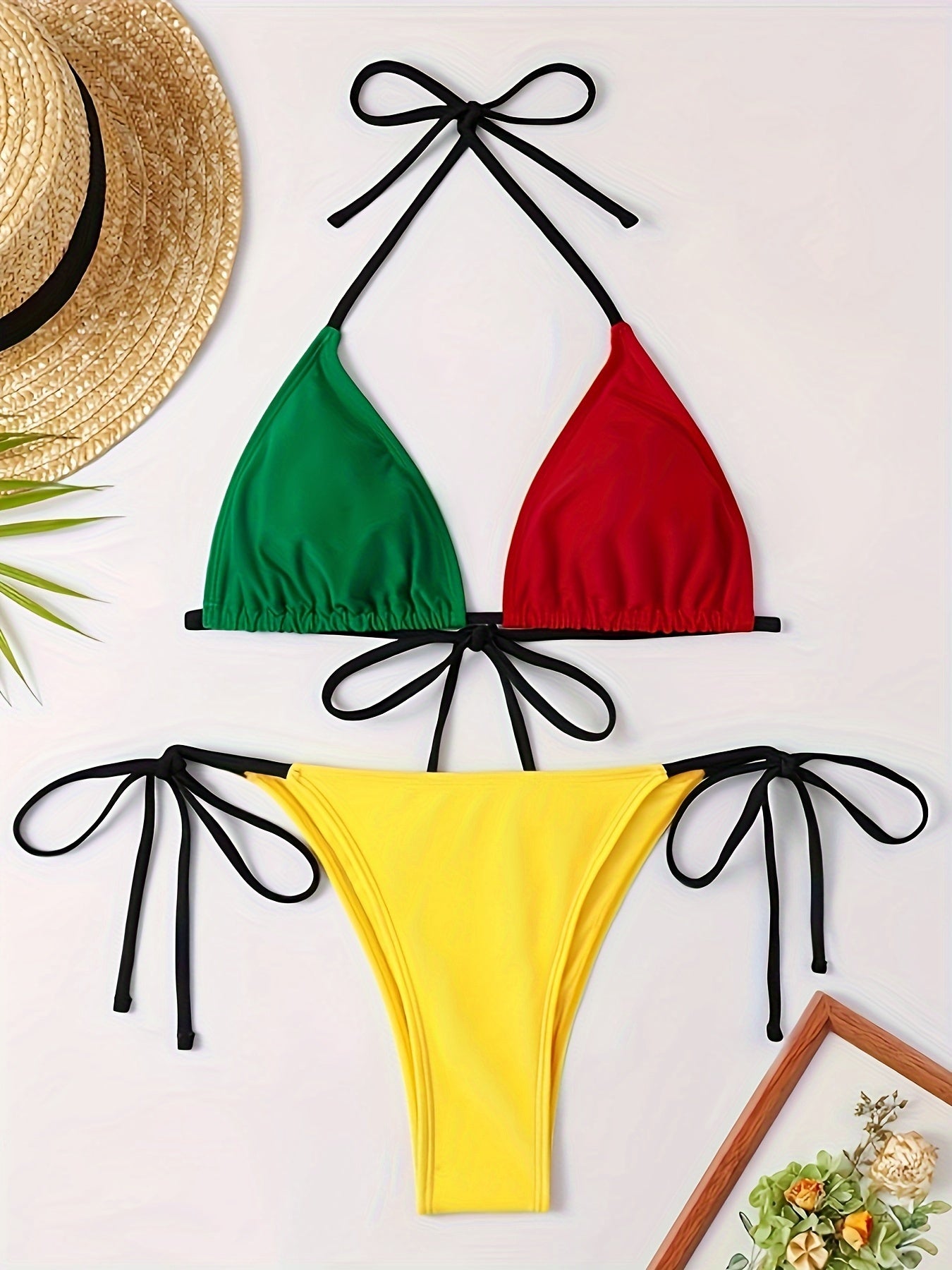 Color Block Triangle Halter Tie Strap Backless 2 Piece Set Bikini Swimsuits, Women's Swimwear & Clothing