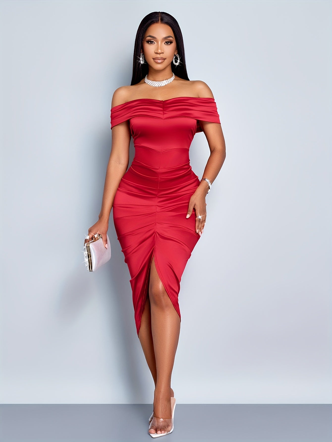 Women's Off-Shoulder Pleated Satin Asymmetrical Party Dress