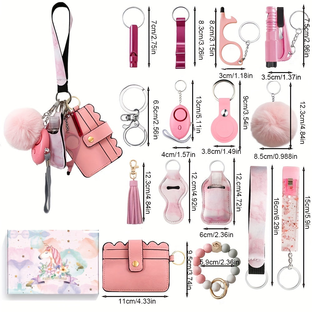 17pcs Women'S Safety Keychain Set with Personal Alarm, Friendship Love Theme, Oblong Shape, Snap Hook Closure, Floating Feature, Button Battery Included, Ideal Holiday Gift
