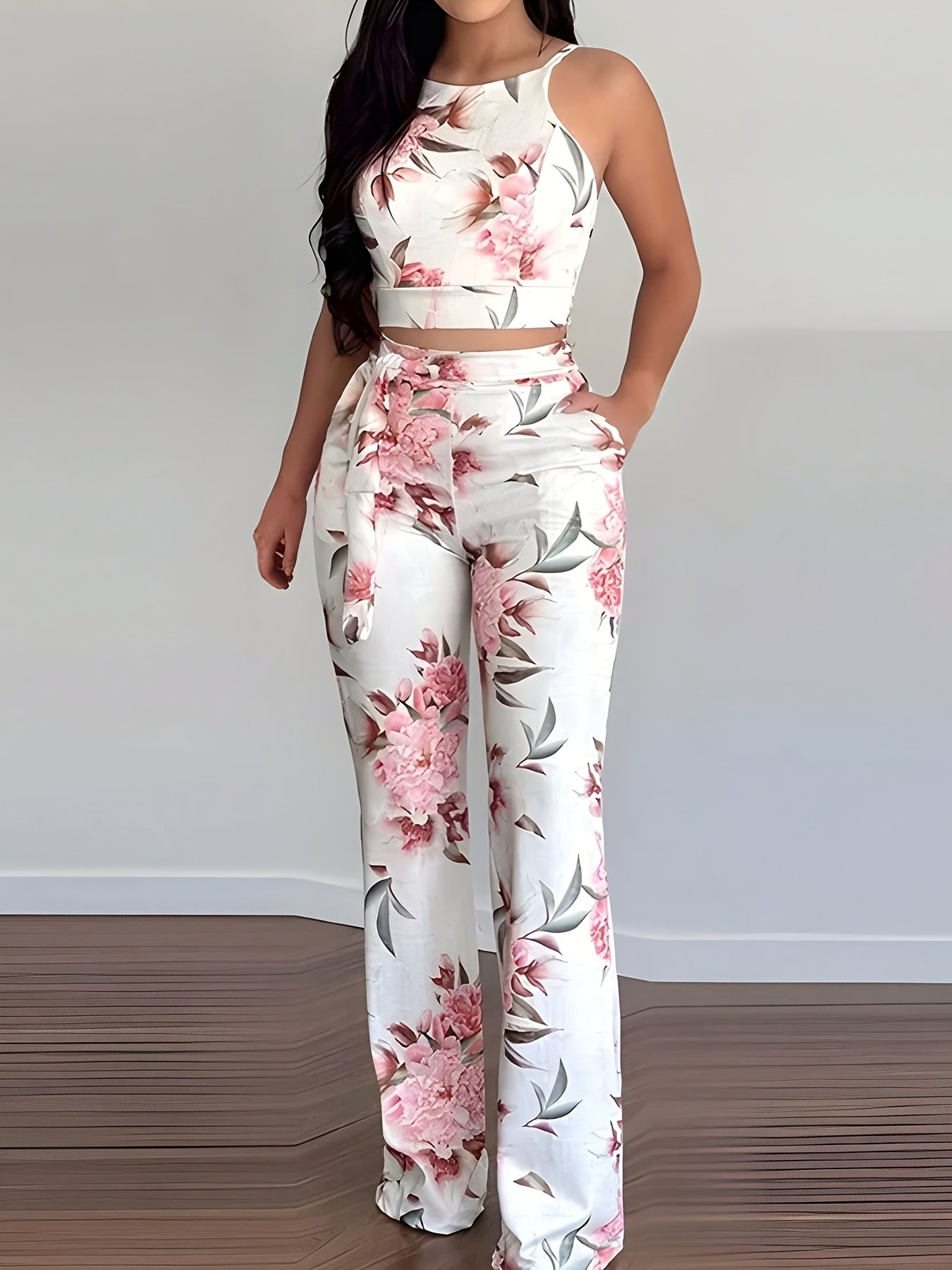 2pcs Women's Elegant Floral Print Halter Top and Pants Set