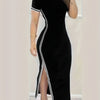 Contrast Trim Split Hem Bodycon Dress, Short Sleeve Crew Neck Casual Dress, Women's Clothing For Party Dressing