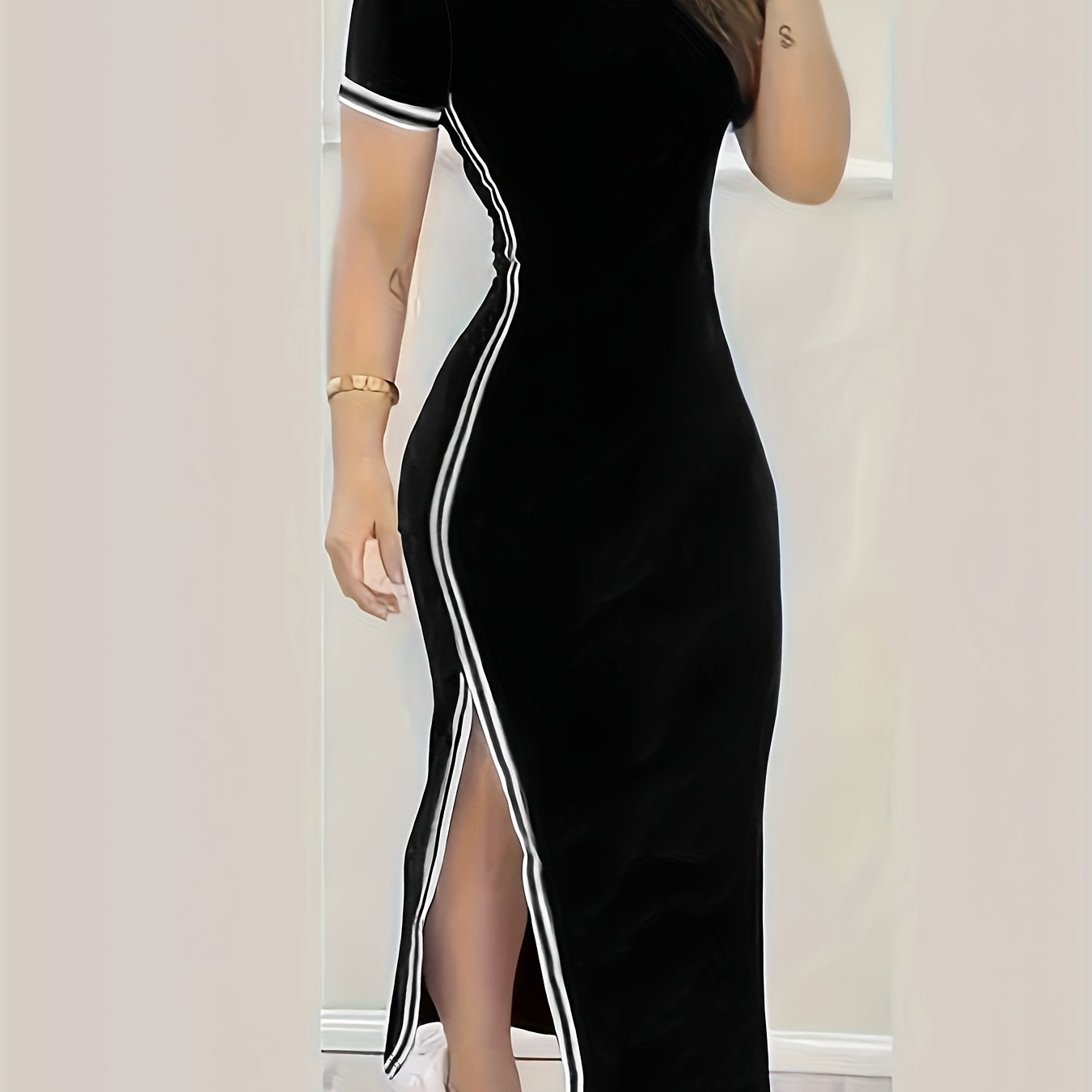 Contrast Trim Split Hem Bodycon Dress, Short Sleeve Crew Neck Casual Dress, Women's Clothing For Party Dressing