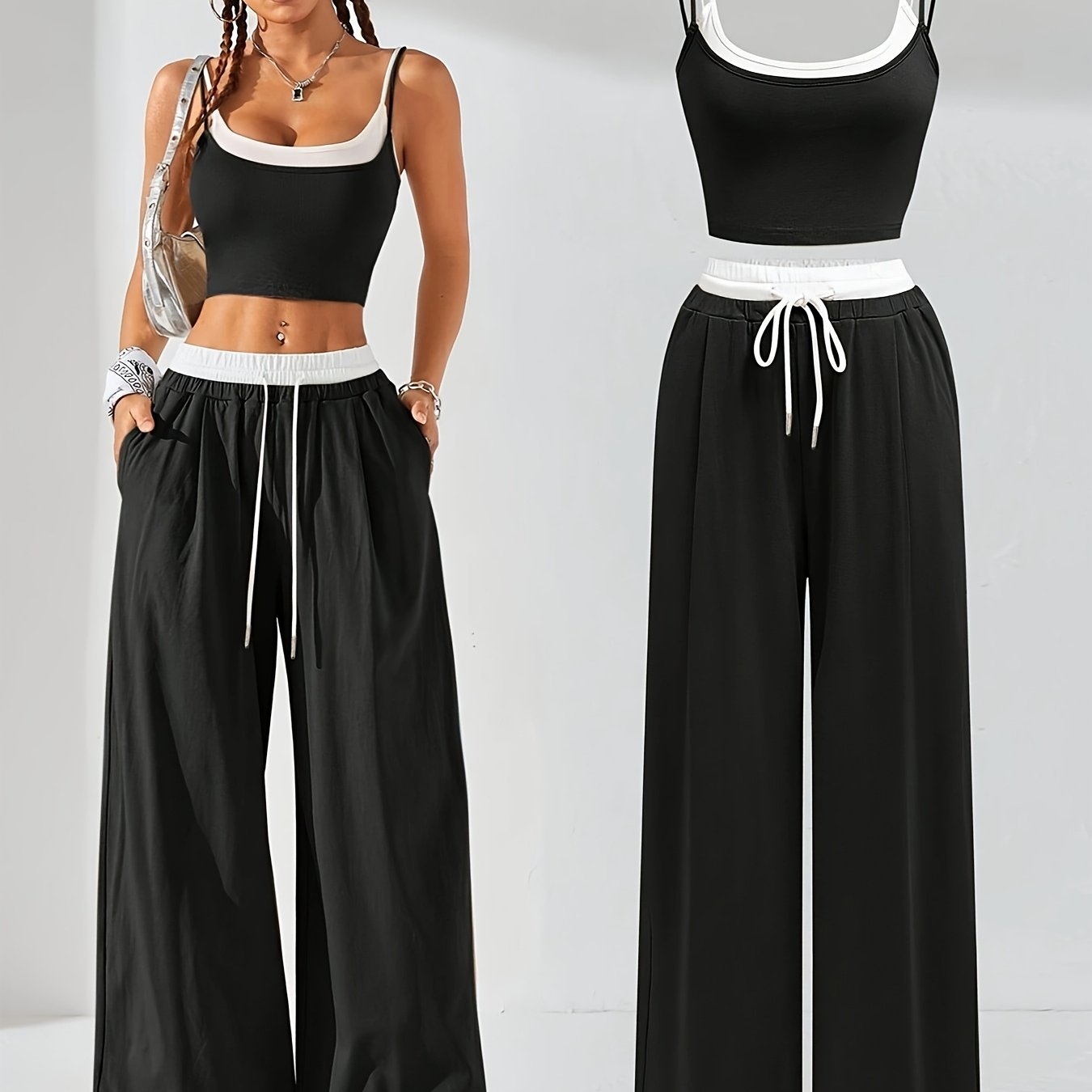 Chic Spring/Summer Two-in-one Contrast Color Cami Top with Color Block Wide-Leg Pants for Women - Polyester, Drawstring, Elegant Urban Style