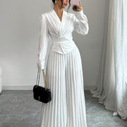 Elegant Women'S V-Neck Long Sleeve Top with Cross Twist Detail + Pleated Long Pants Set, Polyester 100%, Solid Color, Button Detail, Woven Fabric, Lightweight 50/100/120 g/m², Spring/Fall Collection