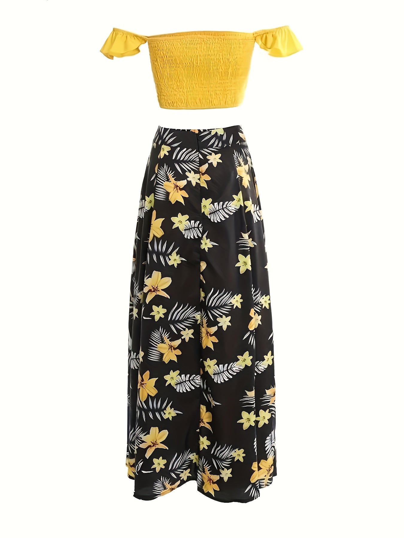 Casual Fashion Beach Vacation Two-Piece Set Women's Summer New European Print Pleated Off-Shoulder Crop Top with Slit Skirt