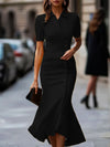 Women's Elegant Solid Color V-Neck Short Sleeve Button Front Midi Dress - Tailored Fit, Machine Washable, All-Season Versatile for Casual & Formal Occasions, Quality Fabric Gown