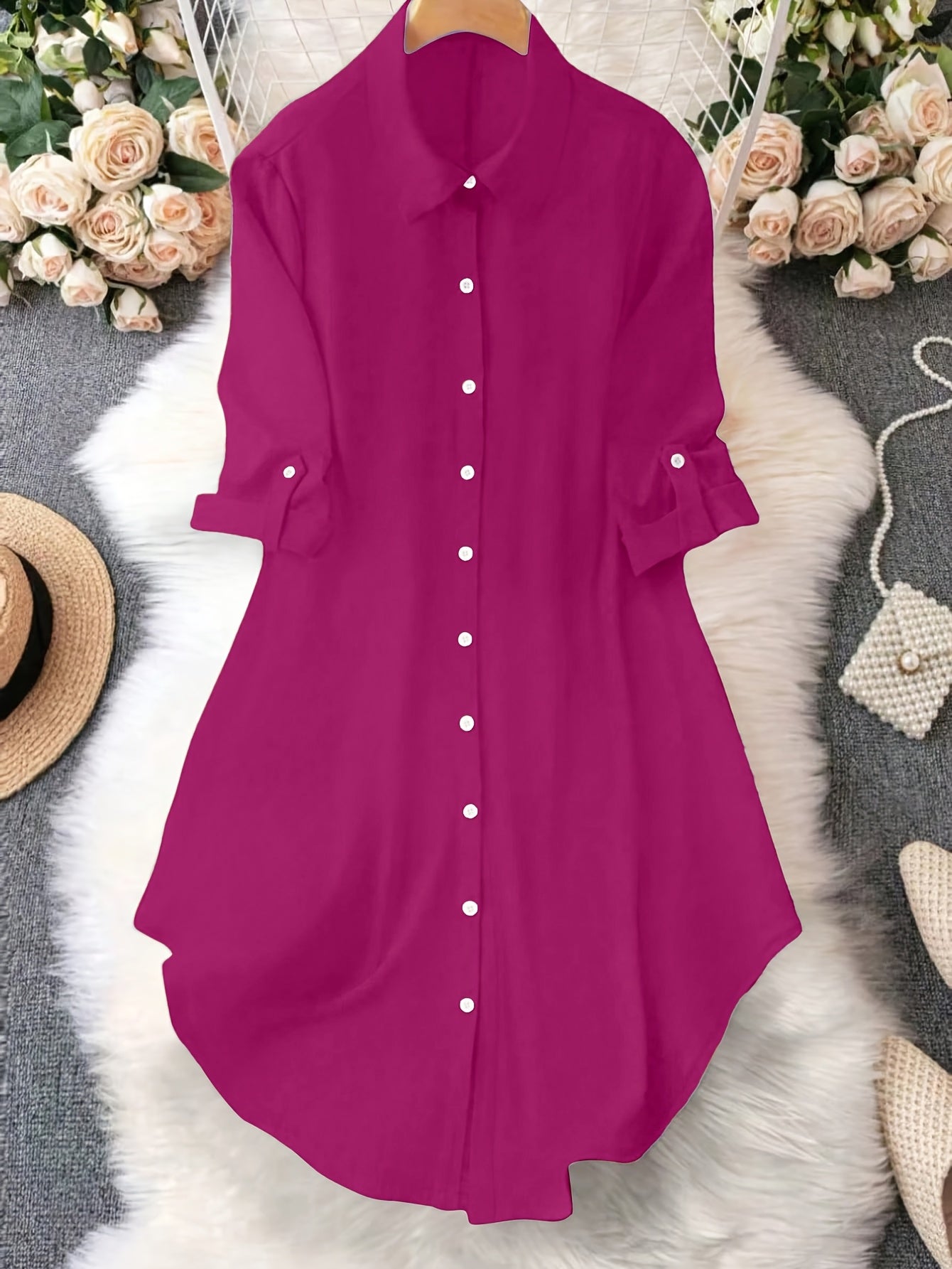 Women'S Light Blue Dress Shirt with Front Buttons and Sleeves - Casual Crew Neck, Long Sleeve, Solid Color, Polyester, Perfect for Spring and Fall, Ladies Dress