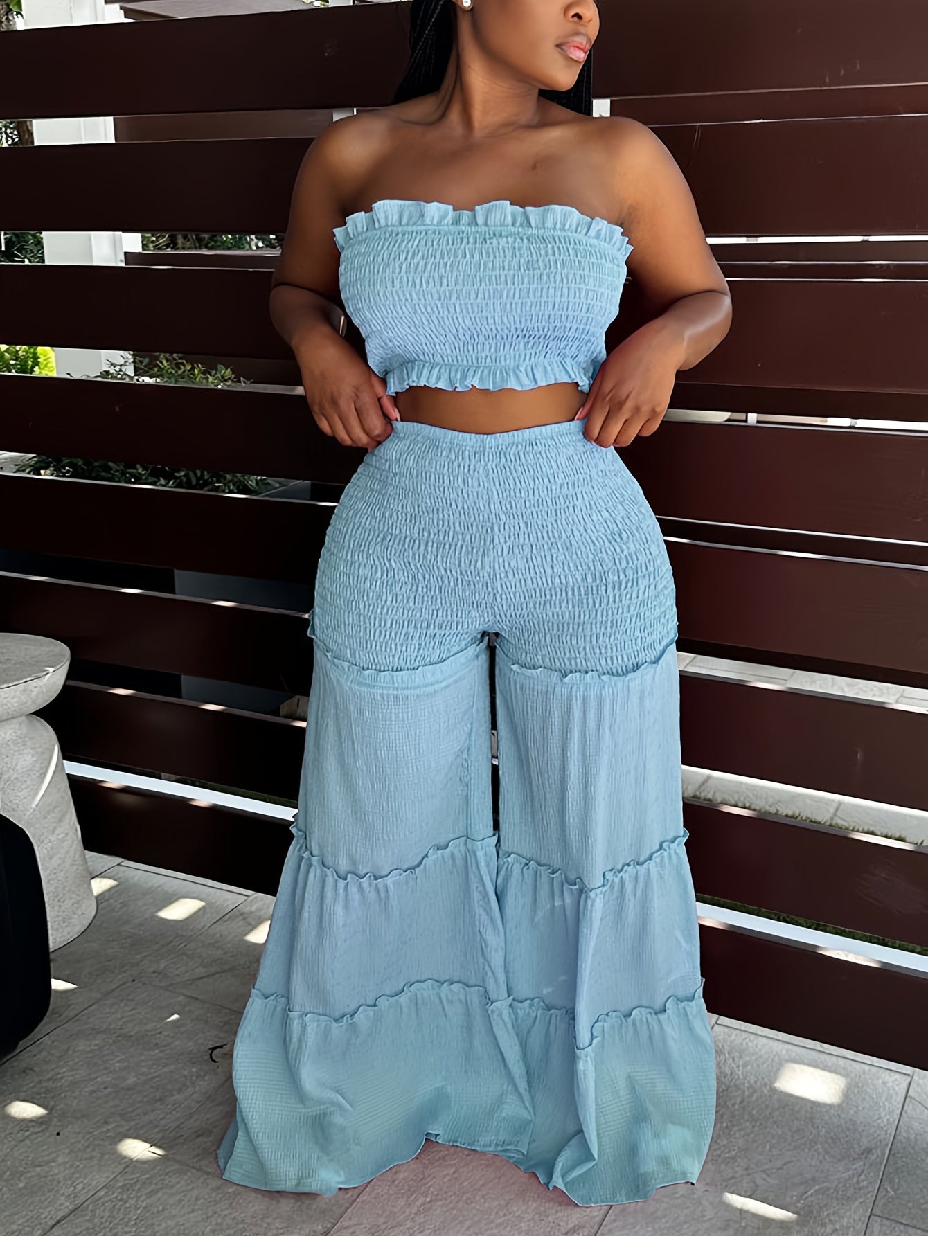 Elegant V-Neck High-Waist Wide Leg Two-Piece Set with Ruched Detail - Sexy Corset & Strapless Top, Polyester Blend, Perfect for Spring/Summer, Chic Outfit|Vneck Top|Polyester Blend