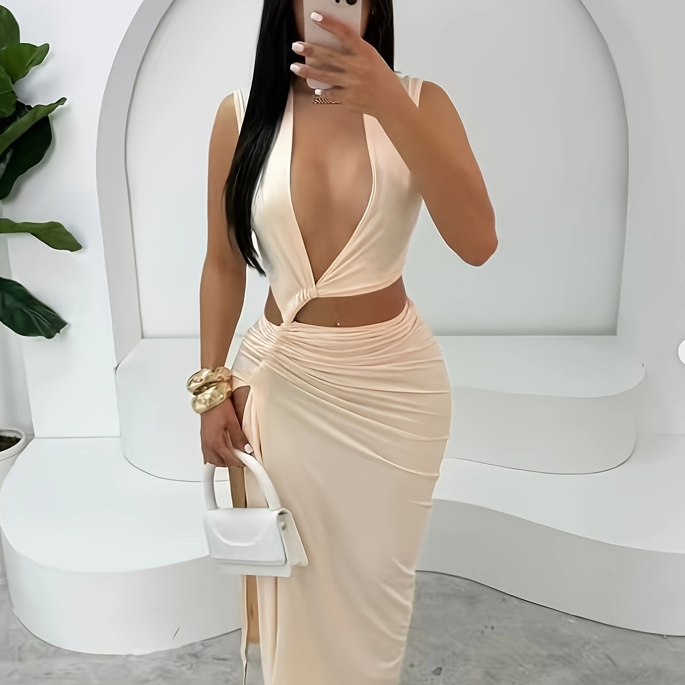Sexy V-Neck Sleeveless Dress for Women - Chic Solid Color, Asymmetrical Hem, Cut-Out Detail, Perfect for Spring/Summer/Fall, Polyester 95.0% Spandex 5.0%, Fashion Statement| Asymmetrical Hem| Polyester Blend