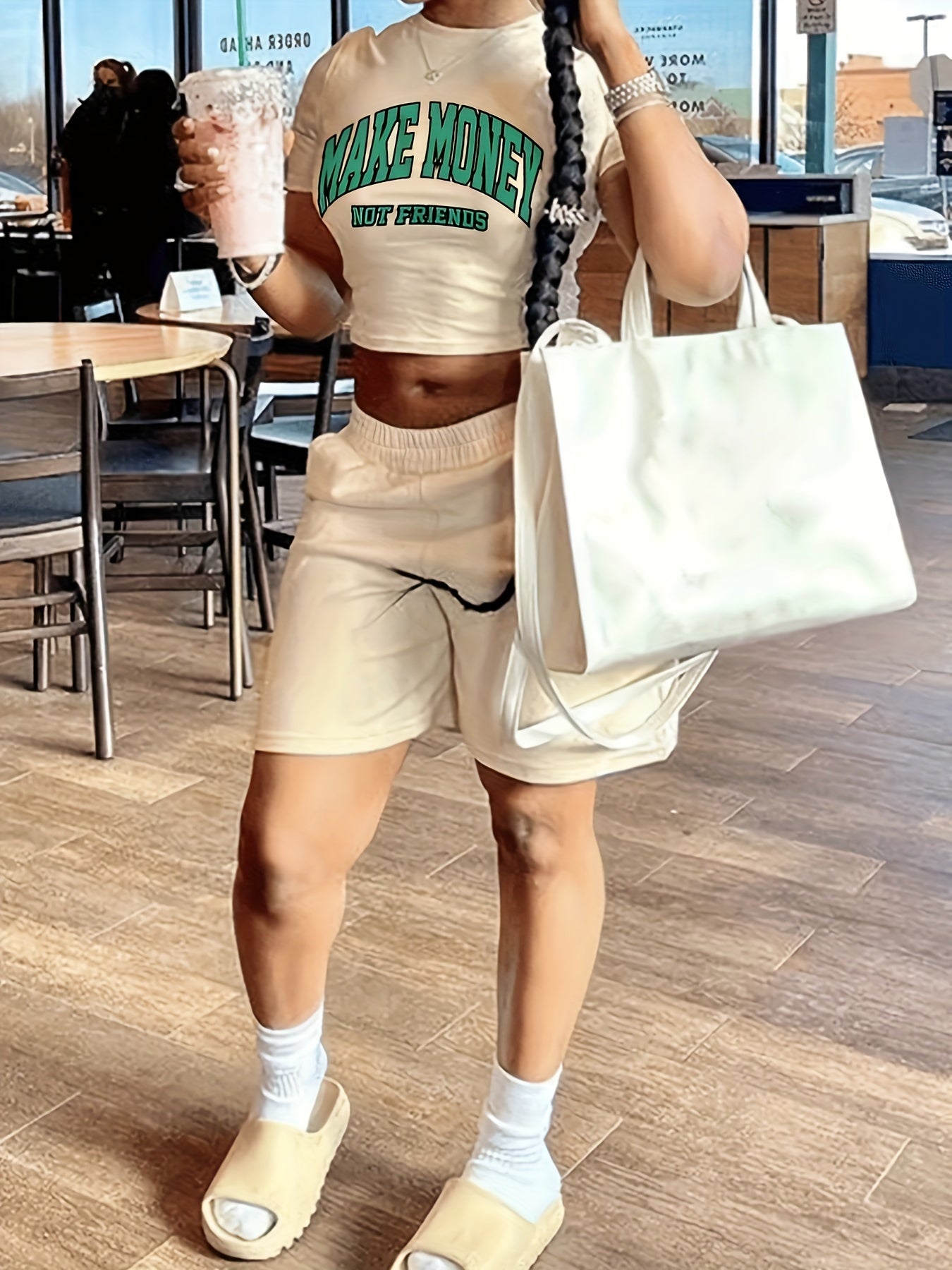 [Two-piece Make Money Print Set] Make Money Print T-shirt & Shorts Two-piece Set, Cropped Short Sleeve T-shirt & Elastic Waist Loose Shorts Set, Women's Clothing