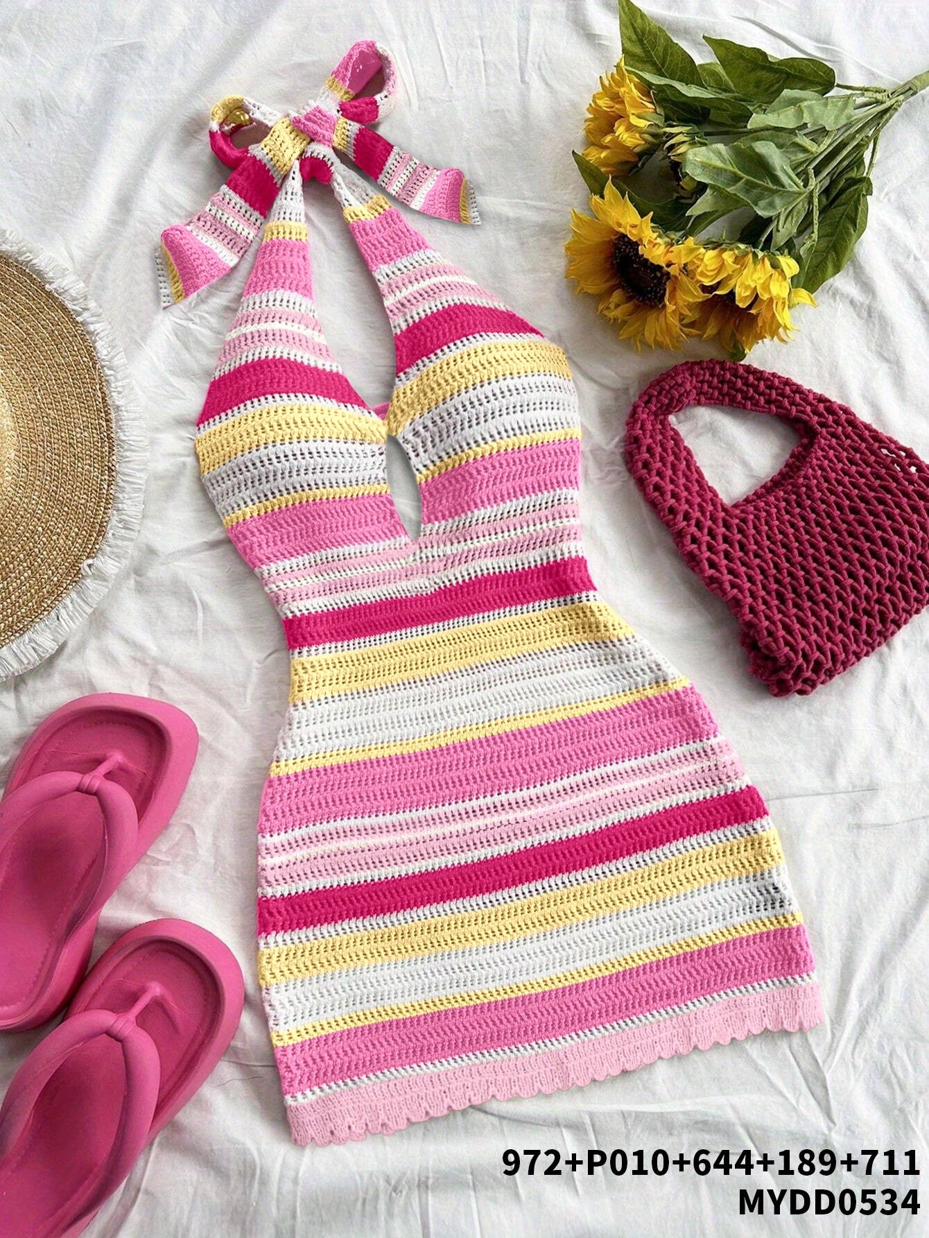 Women's Elegant Halter Neck Back-Tie Knit Dress - Multi-Color Striped Semi-Sheer Wrap Dress with Adjustable Straps & Lace Trim, Beach Vacation Resort Wear, Beach Dress