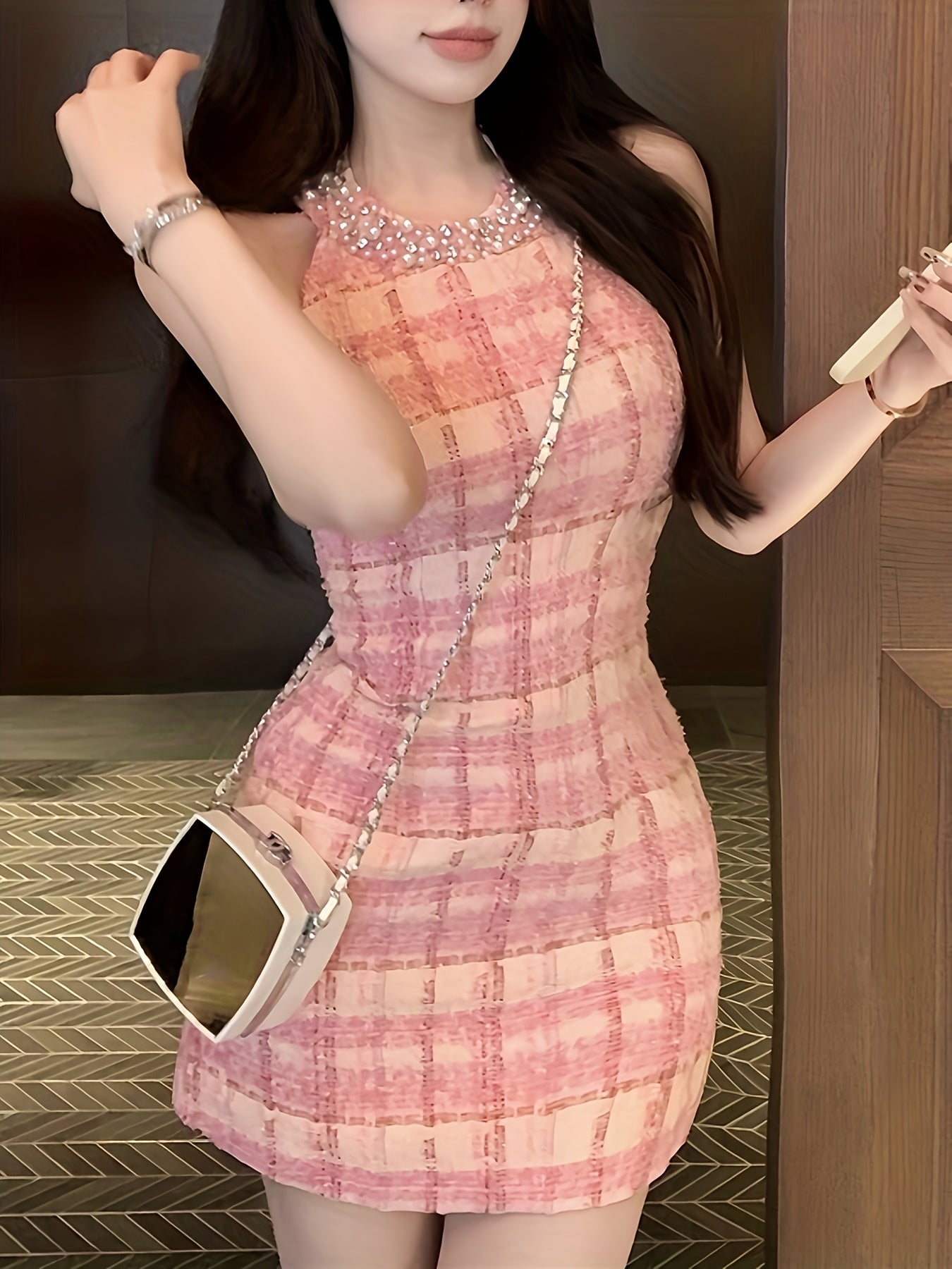 Elegant Pink Tweed Halter Dress with Beaded Detail - Sleeveless Bodycon Midi for Women, Plaid Pattern, Perfect for Spring/Summer/Fall, Chic Party Attire|Plaid Halter Dress|Woven Texture