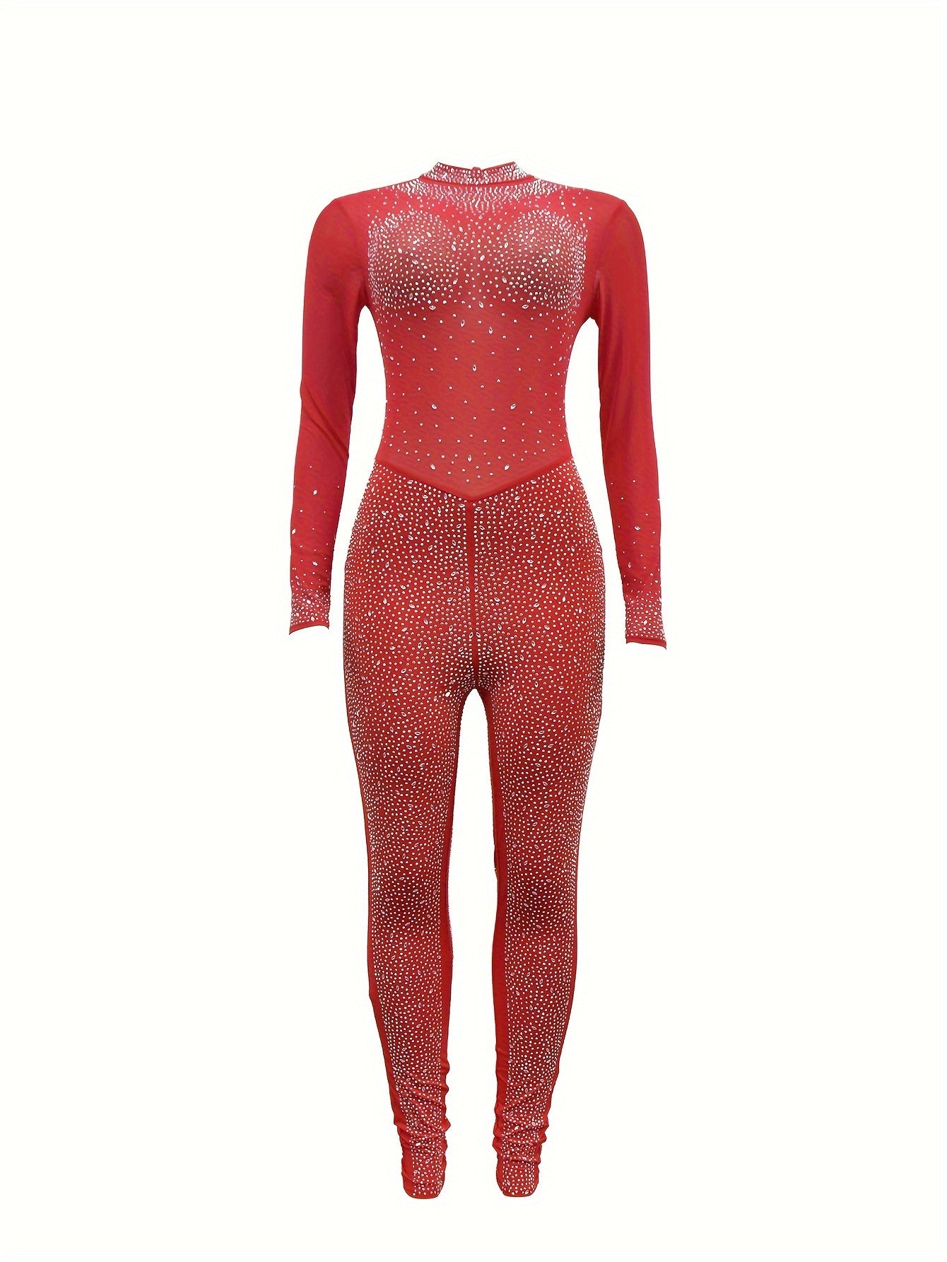 Solid Color Stand Neck Jumpsuit, Y2K Mesh Rhinestone Long Sleeve Jumpsuit For Spring & Summer, Women's Clothing