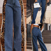Trendy High-Waisted Wide-Leg Denim Pants With Leopard Print Side Stripes Fashion Forward Statement Piece