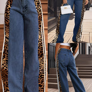 Trendy High-Waisted Wide-Leg Denim Pants With Leopard Print Side Stripes Fashion Forward Statement Piece