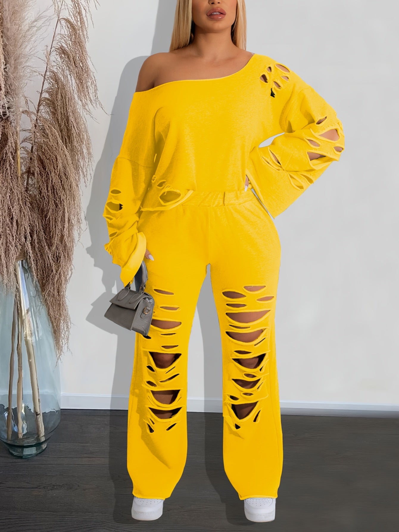 Two-piece Women's Casual Cut Out Set - Long Sleeve Asymmetric Top And Pants Outfit for Comfort And Style