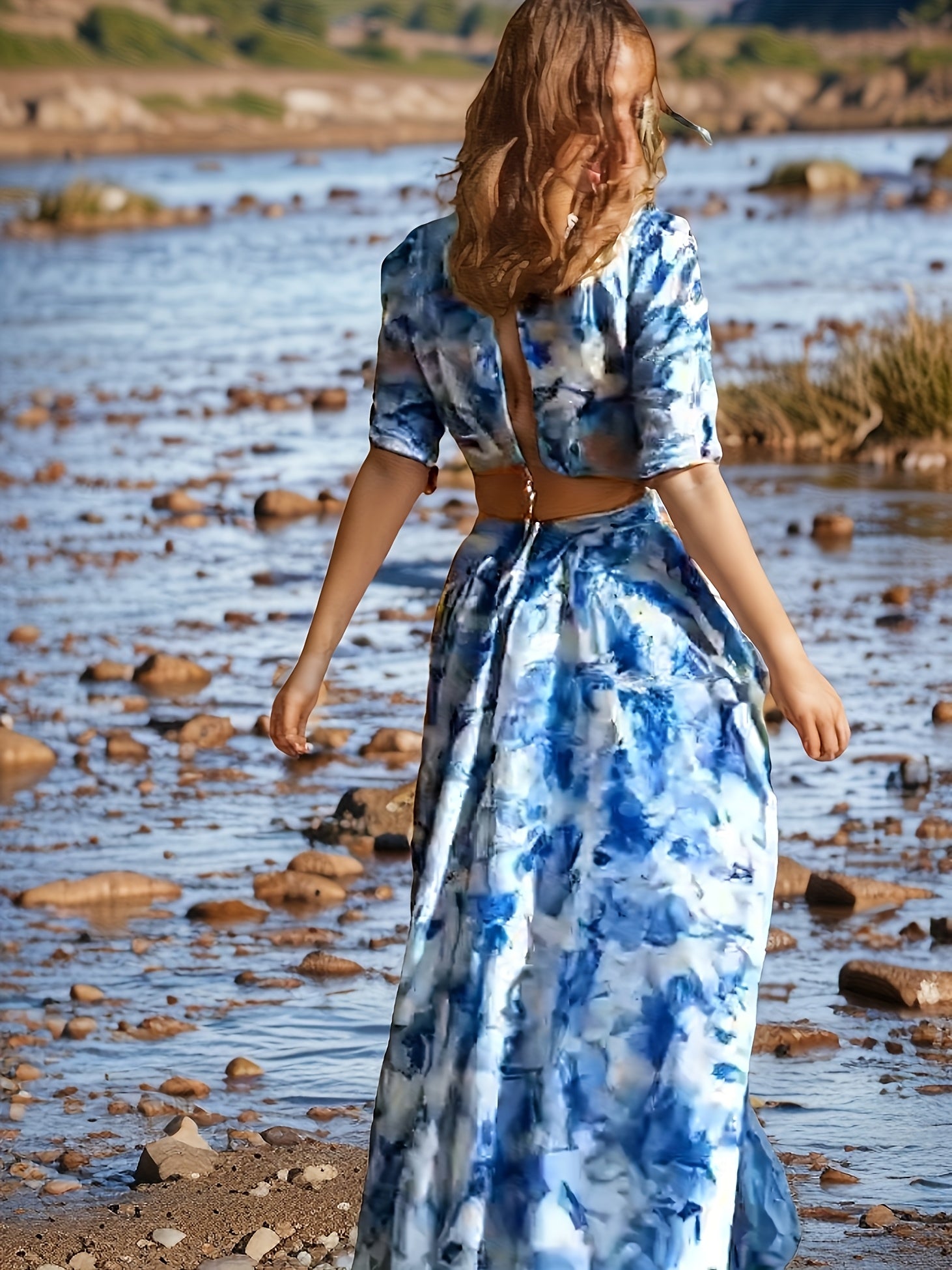 Spring And Summer New European And American Long Women'S Puff Sleeve Premium Print Sexy Style Women'S V-neck Dress Women