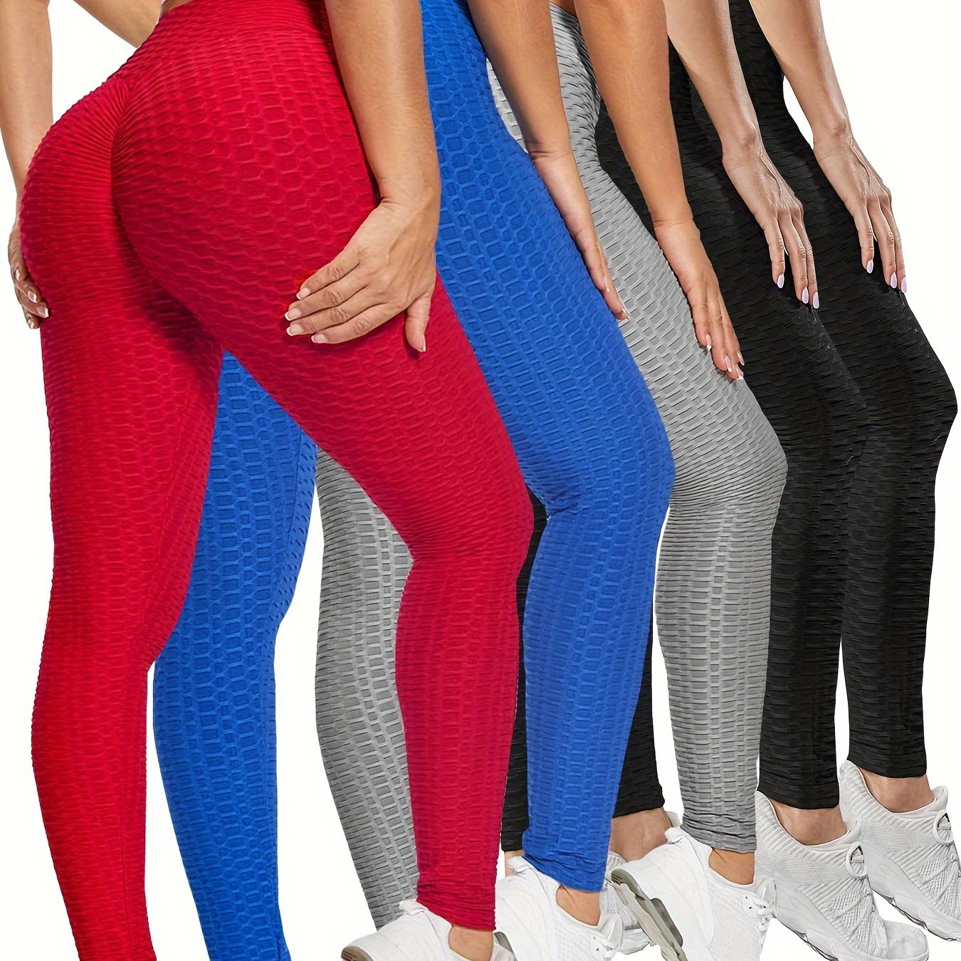 5pcs Honeycomb Sports Running Leggings, High Waist Fitness Yoga Tight Pants, Women's Activewear