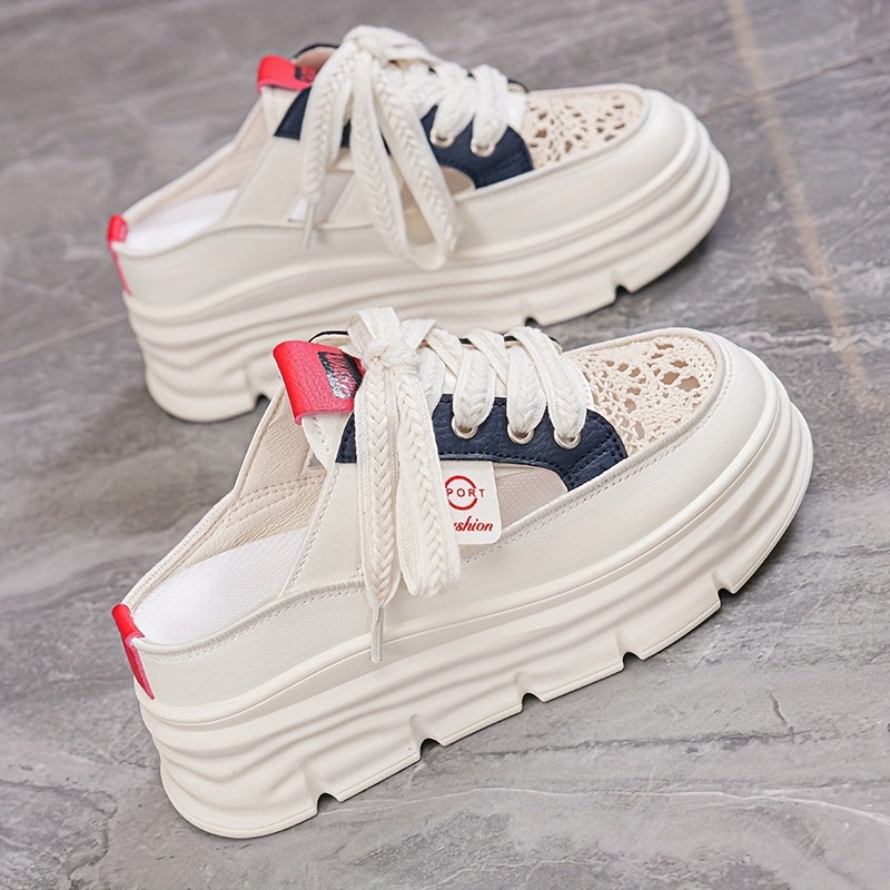 Women's Stylish Thick-Sole Platform Sandals - White & Orange, Round Toe, PU Cover, Lace-Up Design, Summer Outdoor Shoes with Rubber Sole for Added Height, Ladies Sandals