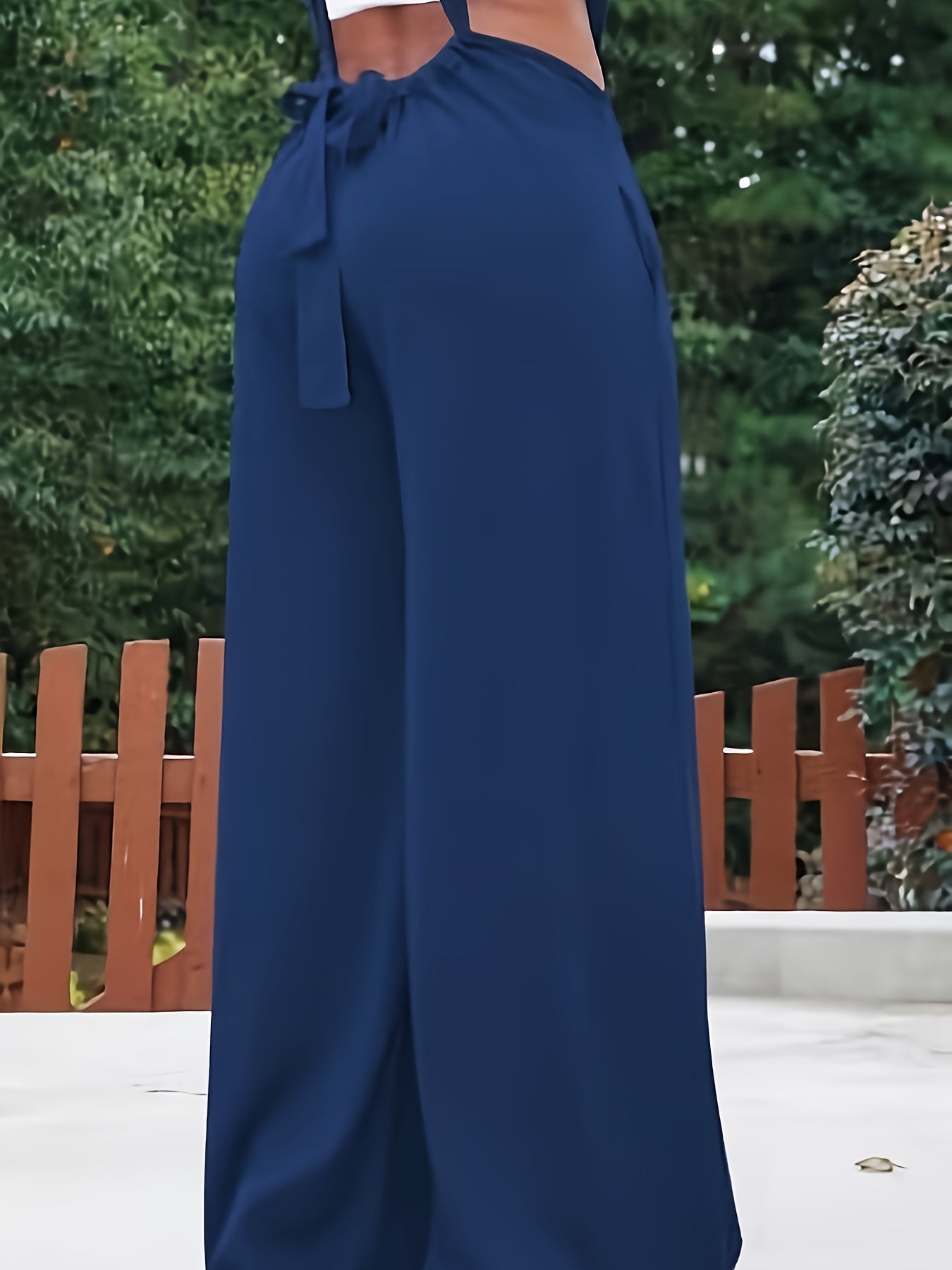Women'S Elegant Solid Color Strapless Backless Jumpsuit with Pockets - Navy Blue, Long Length, Perfect for Spring/Summer/Fall, Stylish Wide Legs, Casual Attire|Backless Fashion|Chain Strap Detail, Jumpsuit