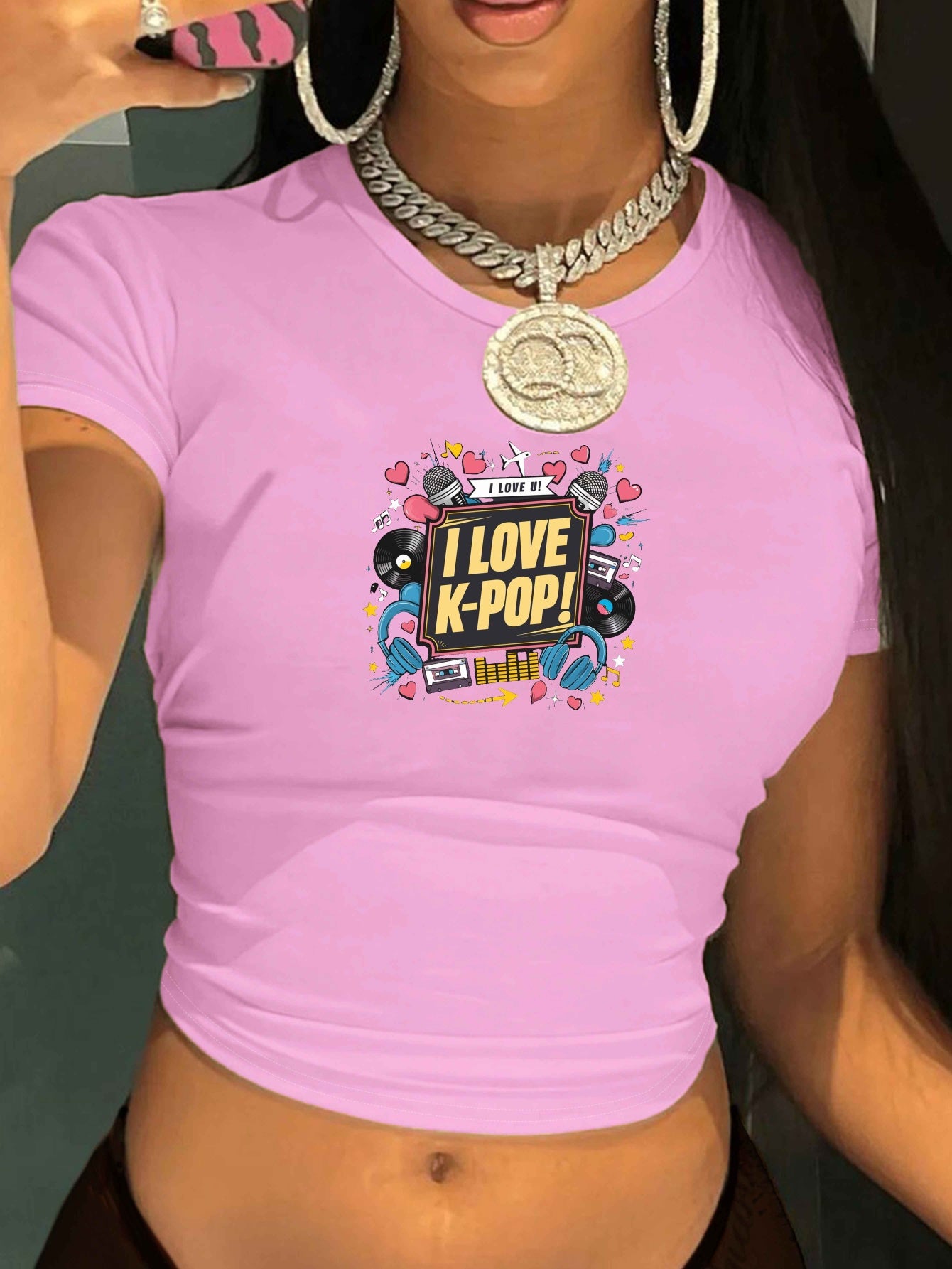 I Love K-Pop" Women's Y2K Fashion Crop Top T-Shirt - Vibrant Graphic Print, Soft Polyester & Spandex Blend, Stretchy, Machine Washable, Round Neck, Short Sleeve, Cute Shirts