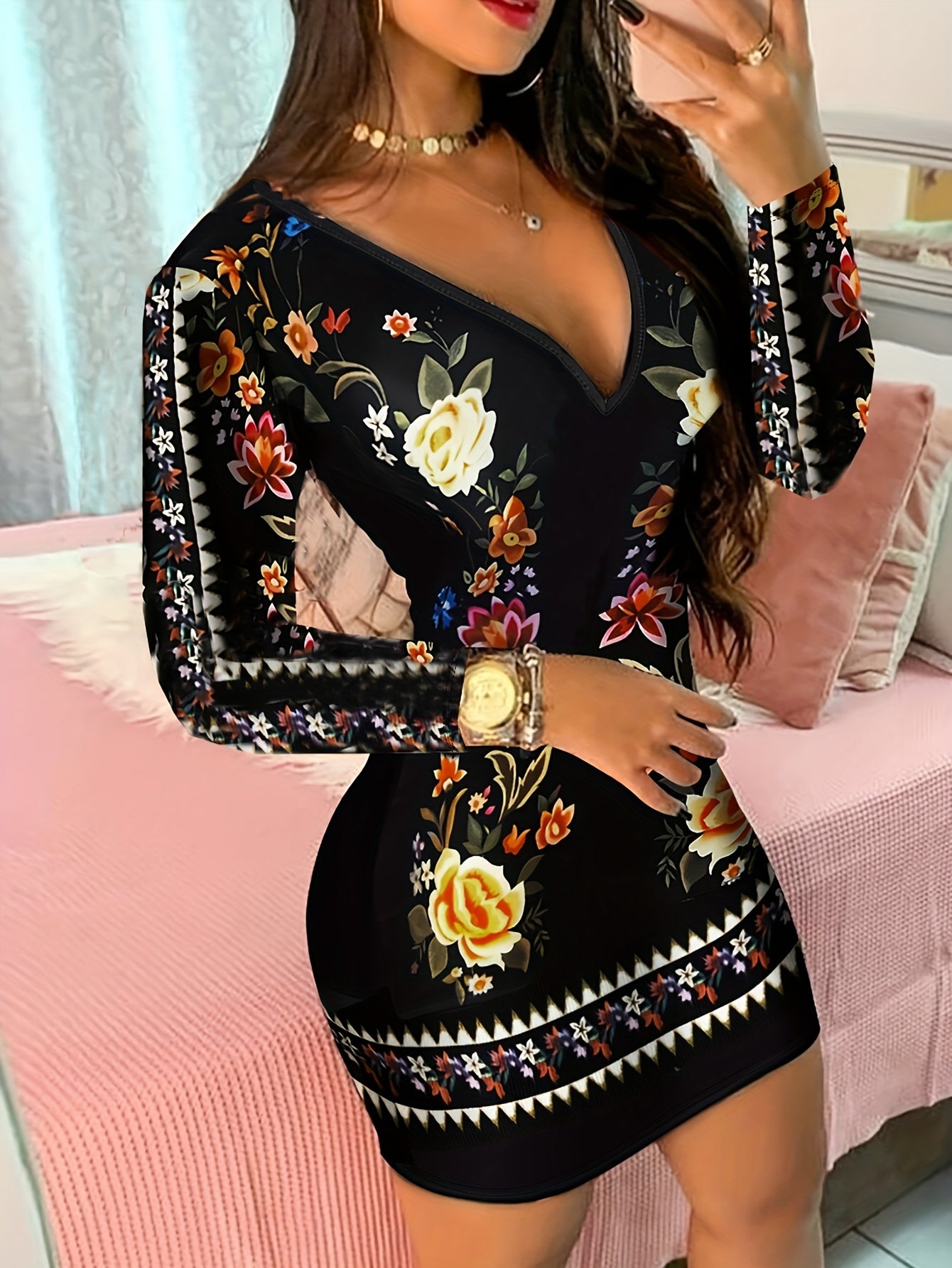 Autumn Elegance, Vintage Floral Print Deep V-Neck Bodycon Dress, Polyester Knit Fabric, Stretchy Elastane Blend, Elegant Fall Season Adult Dress, Fall Dresses