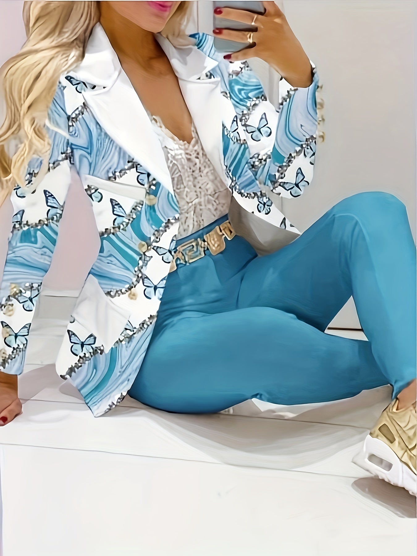 [Two-piece Butterfly Print Blazer Set] Elegant Two-piece Set, Butterfly Print Long Sleeve Lapel Neck Double-breasted Blazer & Solid Skinny Pants Outfits, Women's Clothing