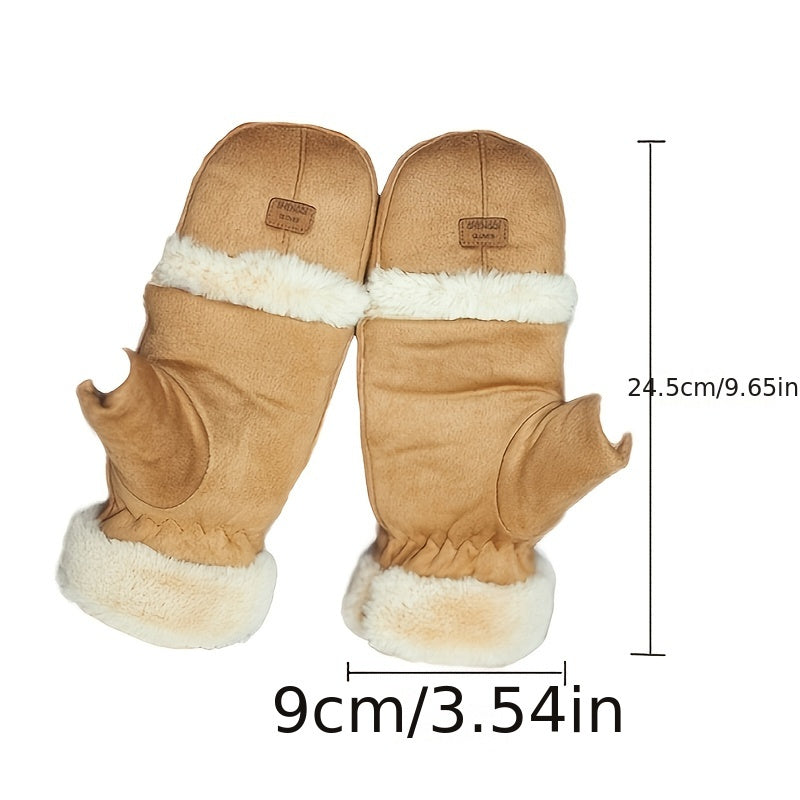 Women'S Autumn And Winter Warm And Cute Thick Fleece-Lined Half-Finger Touchscreen Gloves for Biking, Featuring a Flip Cover.