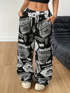 Women'S Casual Wide Leg Pants with Drawstring and Pockets, Alphabet Print, Polyester 95% Spandex 5% Woven Fabric, 180g/m², for Spring/Summer/Fall