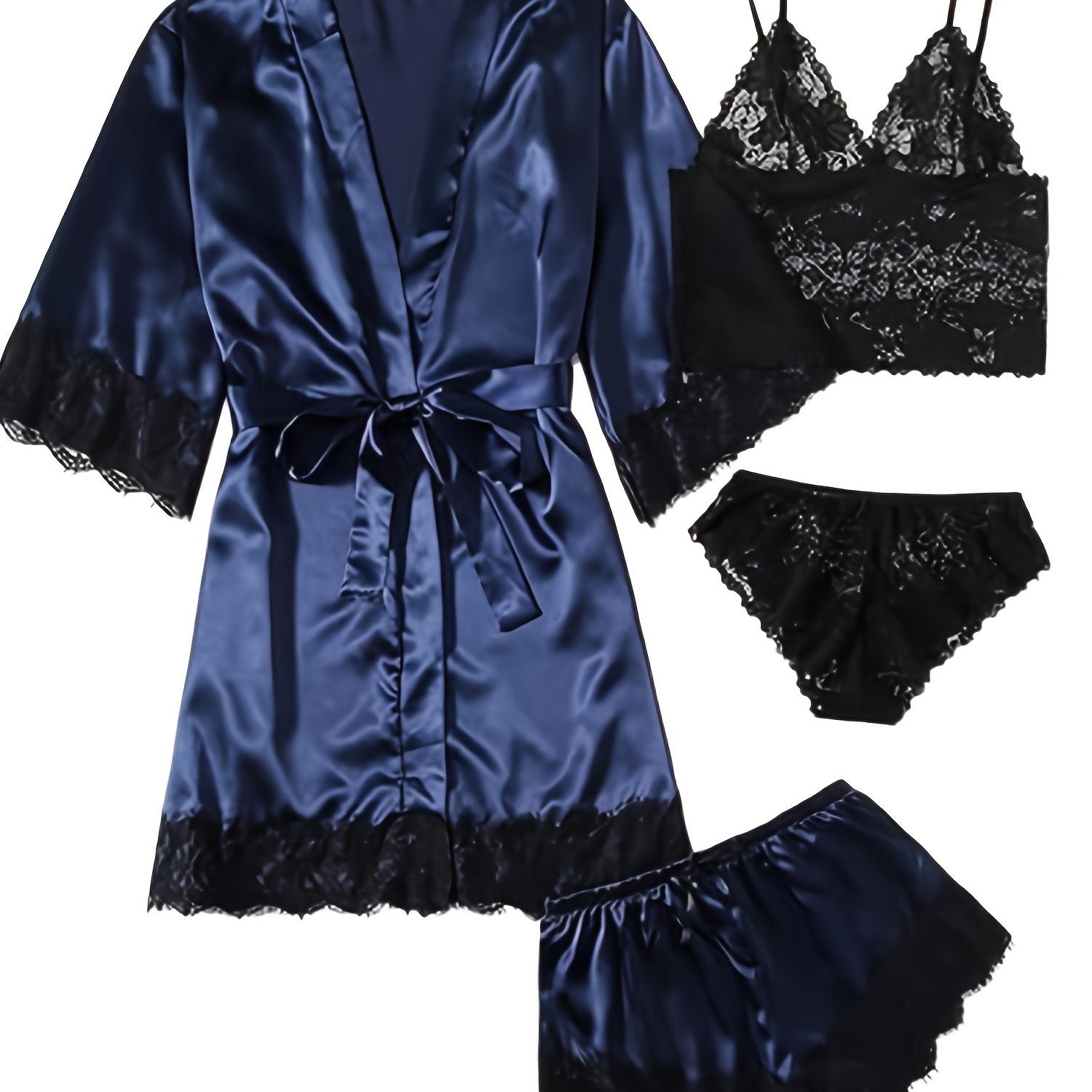 Three Quarter Sleeve Satin Elegant Lounge Set, Contrast Lace Robe With Belt, Cami Bra, Panty, and Elastic Shorts, Women's Loungewear